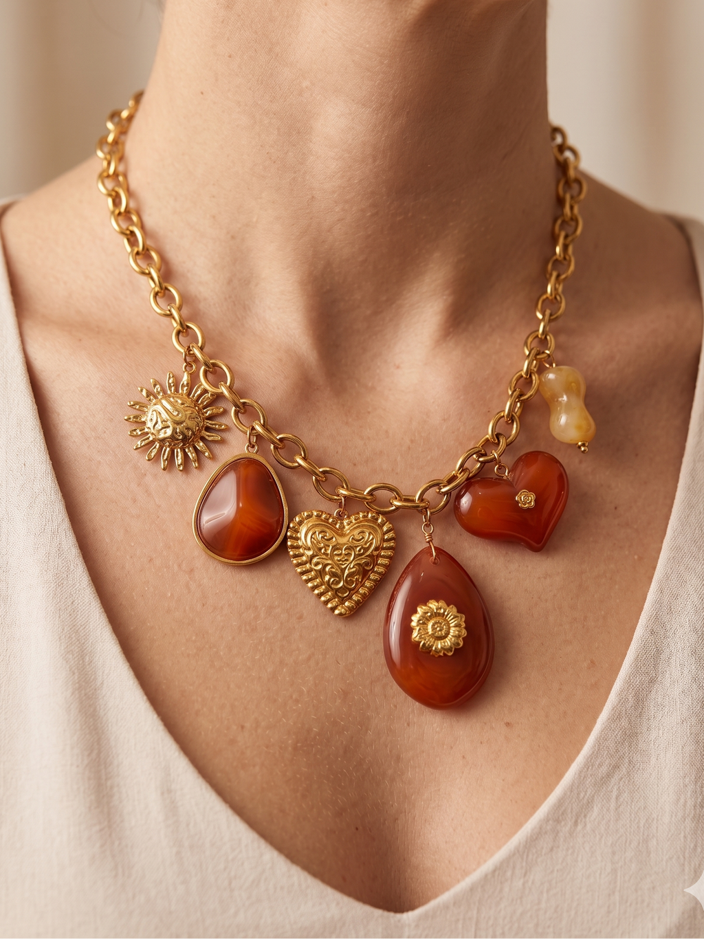 Colar de corrente dourada com pendentes boho chic; colar feminino com corações, sol e pedras âmbar; bijuteria elegante para festa e verão
