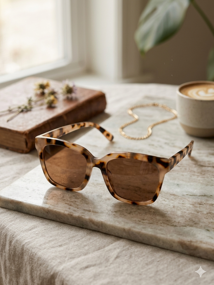 Óculos de Sol Feminino Quadrado Grande Estilo Gato Tartaruga; Armação Leve Confortável com Lentes Castanhas Proteção UV400; Acessório de Moda Elegante e Moderno Summer Beach