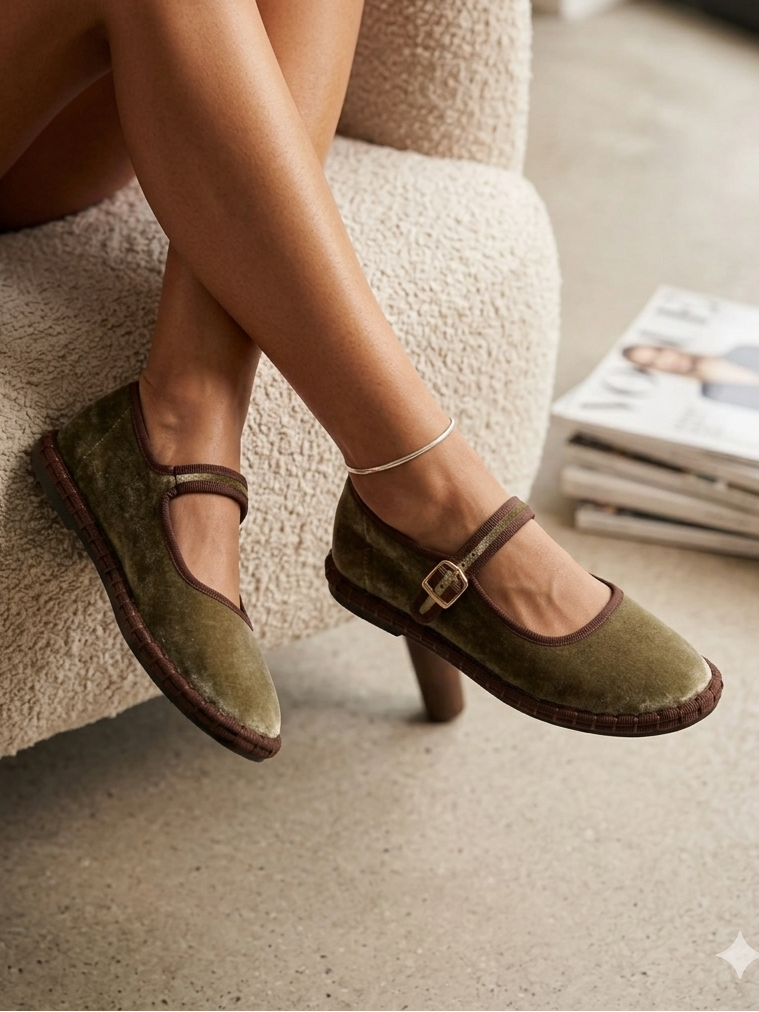 Sapatos Buonarotti Mary Jane Femininos em Veludo Verde Tropa; Sabrinas Confortáveis com Tira de Fivela e Sola Costurada Castanha; Calçado Feminino Estilo Retro Casual e Elegante