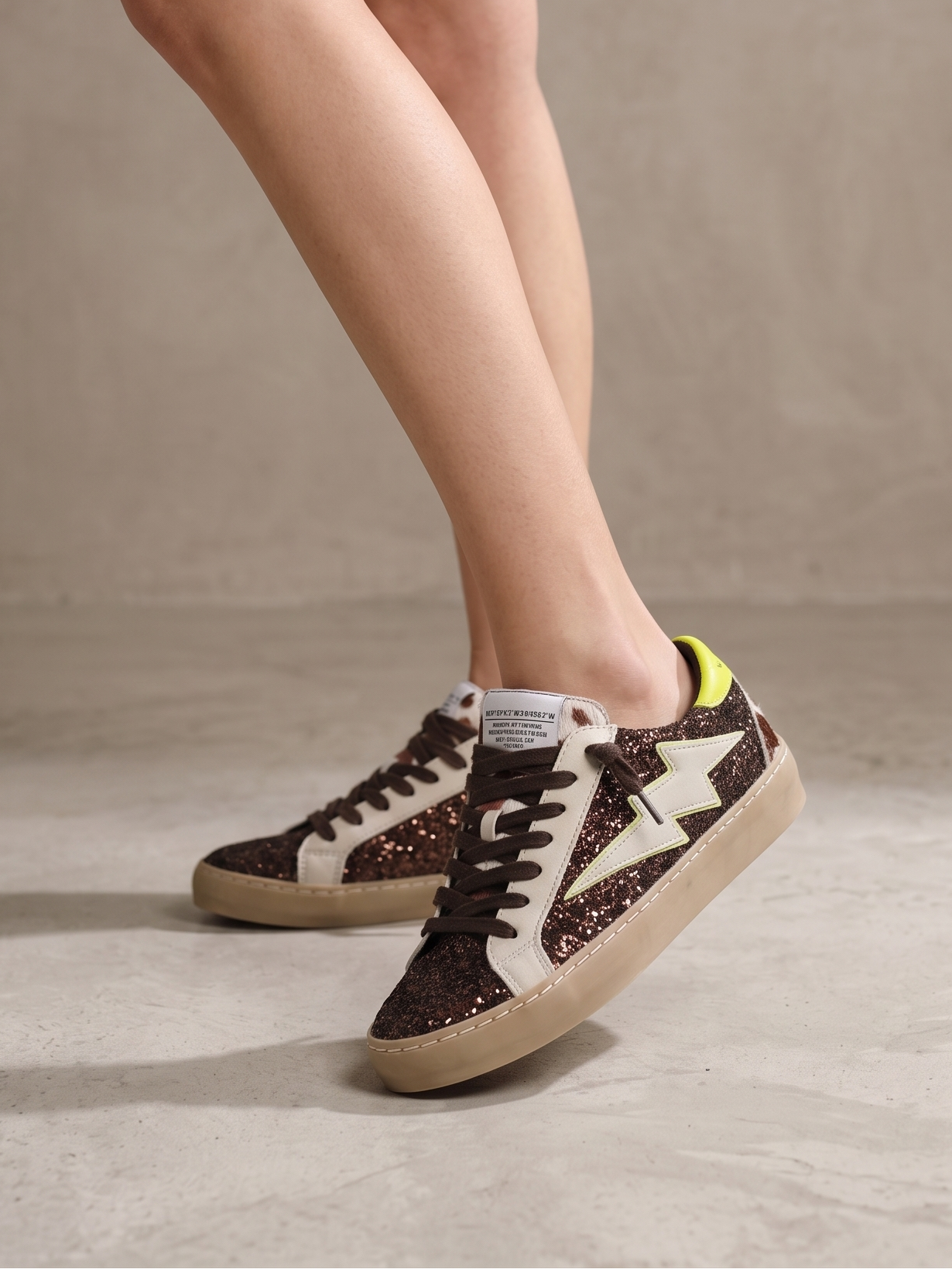 Sapatilhas Femininas Brilhantes com Glitter Castanho; Ténis Corina Casual de Moda com Detalhe de Raio Verde Neon e Sola Confortável; Calçado Estiloso para Senhora