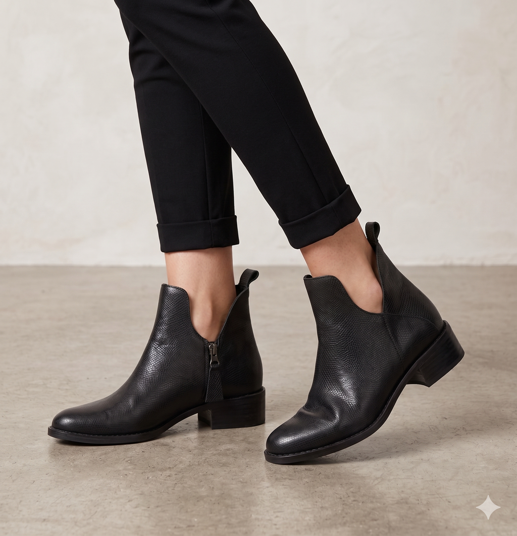 Botins Femininos Macadi em Pele com Recorte em V e Fecho, Botas de Cano Curto com Salto Baixo e Bico Fino, Estilo Casual e Confortável