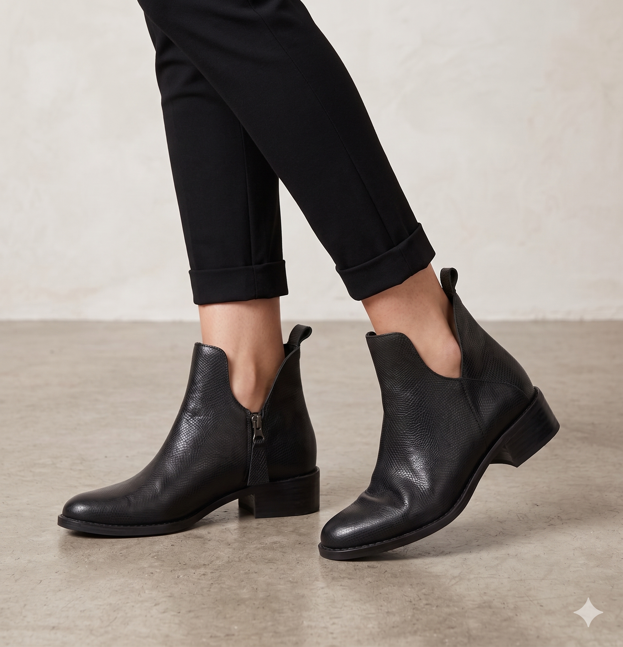 Botins Femininos Macadi em Pele com Recorte em V e Fecho, Botas de Cano Curto com Salto Baixo e Bico Fino, Estilo Casual e Confortável