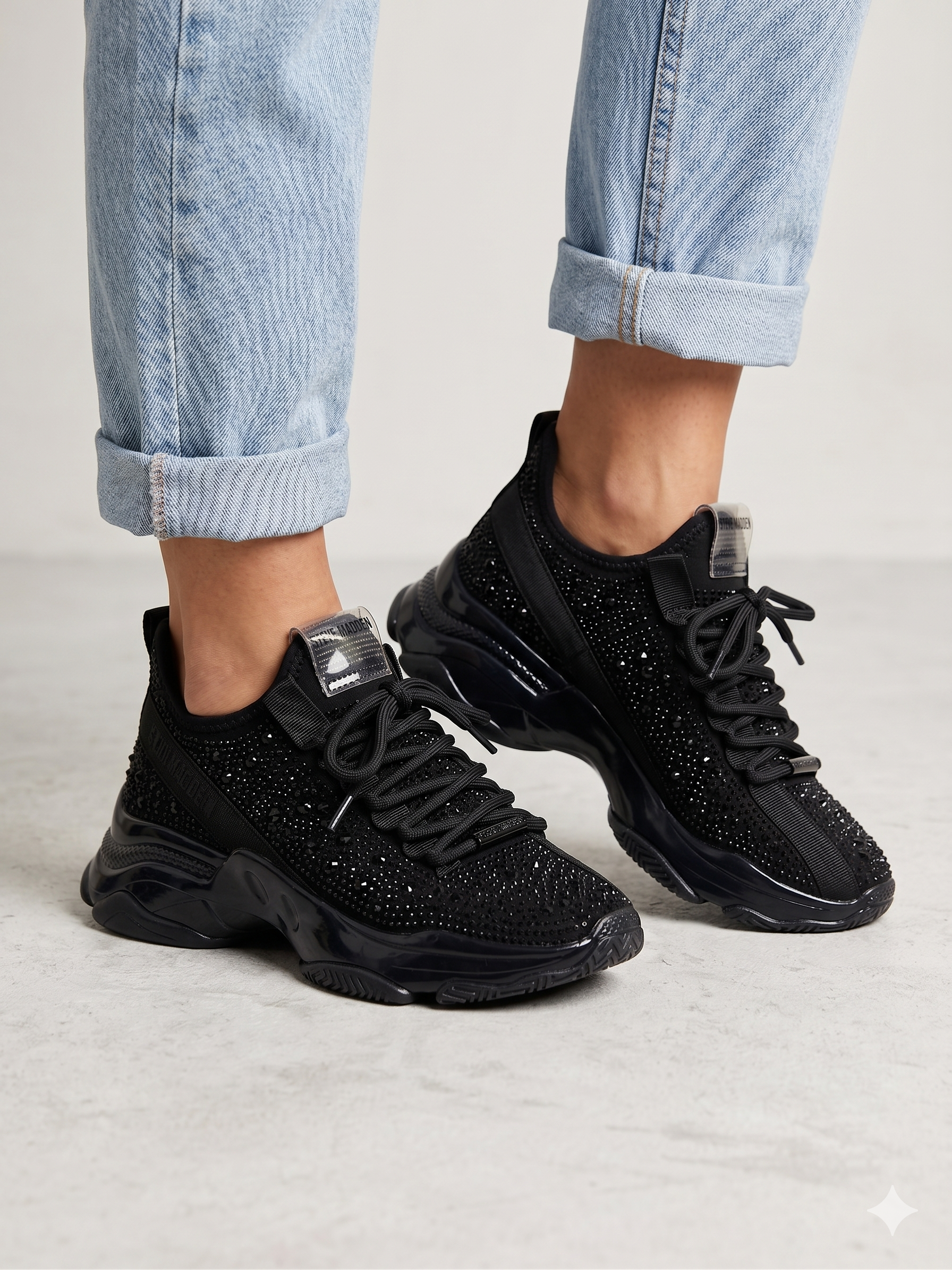 Ténis Steve Madden Preto Brilhante Mulher; Sapatilhas Plataforma com Brilhos Chunky; Calçado Desportivo Feminino Confortável Casual; Moda Portugal Trendy