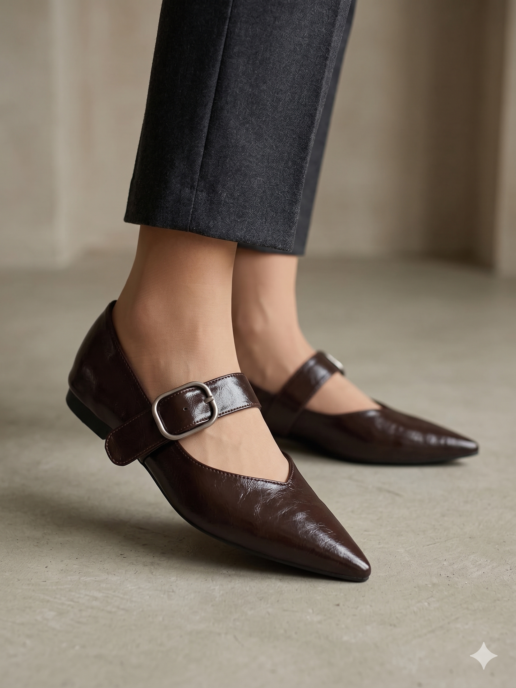 Sabrinas Sapato Bellamica Feminino Mary Jane Castanho de Bico Fino; Elegantes com Fivela Larga e Acabamento Brilhante; Calçado Confortável para Escritório e Eventos
