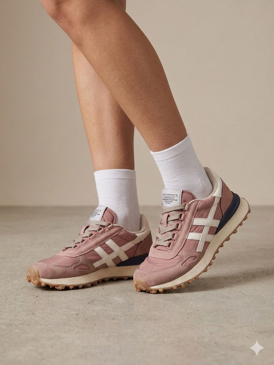 Ténis Desportivos Unissexo Brancos Rosa e Bege com Sola Tratorada de Cânhamo; Sapatilhas de Corrida Retro com Painéis de Camurça Bege e Riscas Brancas Vintage; Calçado Casual Confortável para Caminhada e Ginásio; Sneakers Urbanos Estilo Clássico