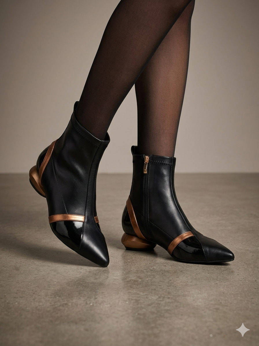 Botins Femininos Rockaway Eco Pele Preta e Bronze, Design Futurista com Salto Metálico Original e Bico Fino, Botas de Cano Curto Elegantes com Fecho Lateral