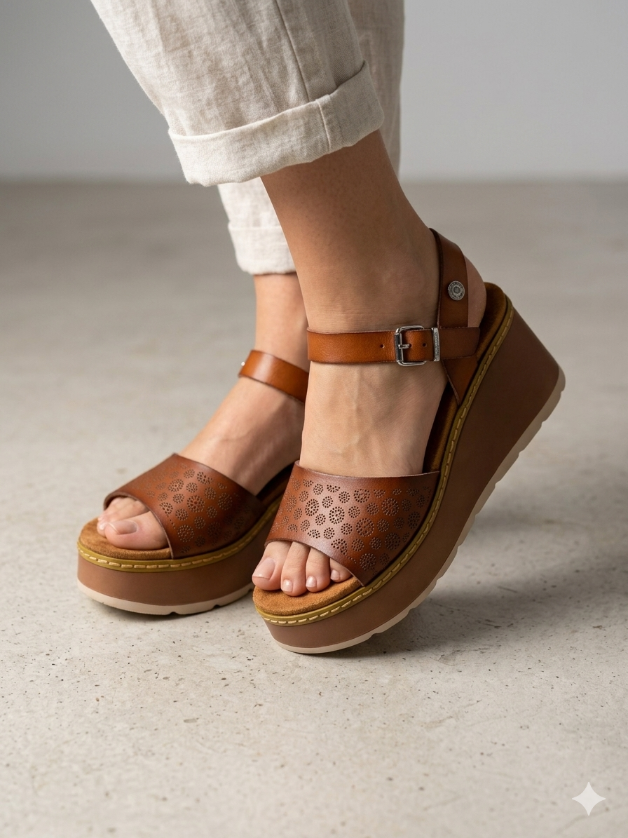 Sandálias tamancos sapatos plataforma Refresh, castanho camel pele sintética vegan, salto cunha médio, tira ajustável com fivela no tornozelo, detalhes cortados a laser, sola confortável antiderrapante