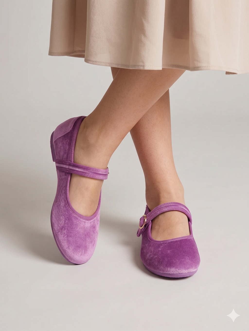 Sapatos Mary Jane Femininos Paez em Veludo Roxo; Sabrinas com Tira e Fivela Dourada Ajustável; Calçado Confortável e Elegante para Cerimónia ou Uso Diário; Sapatilhas Rasas Modernas em Tecido Macio