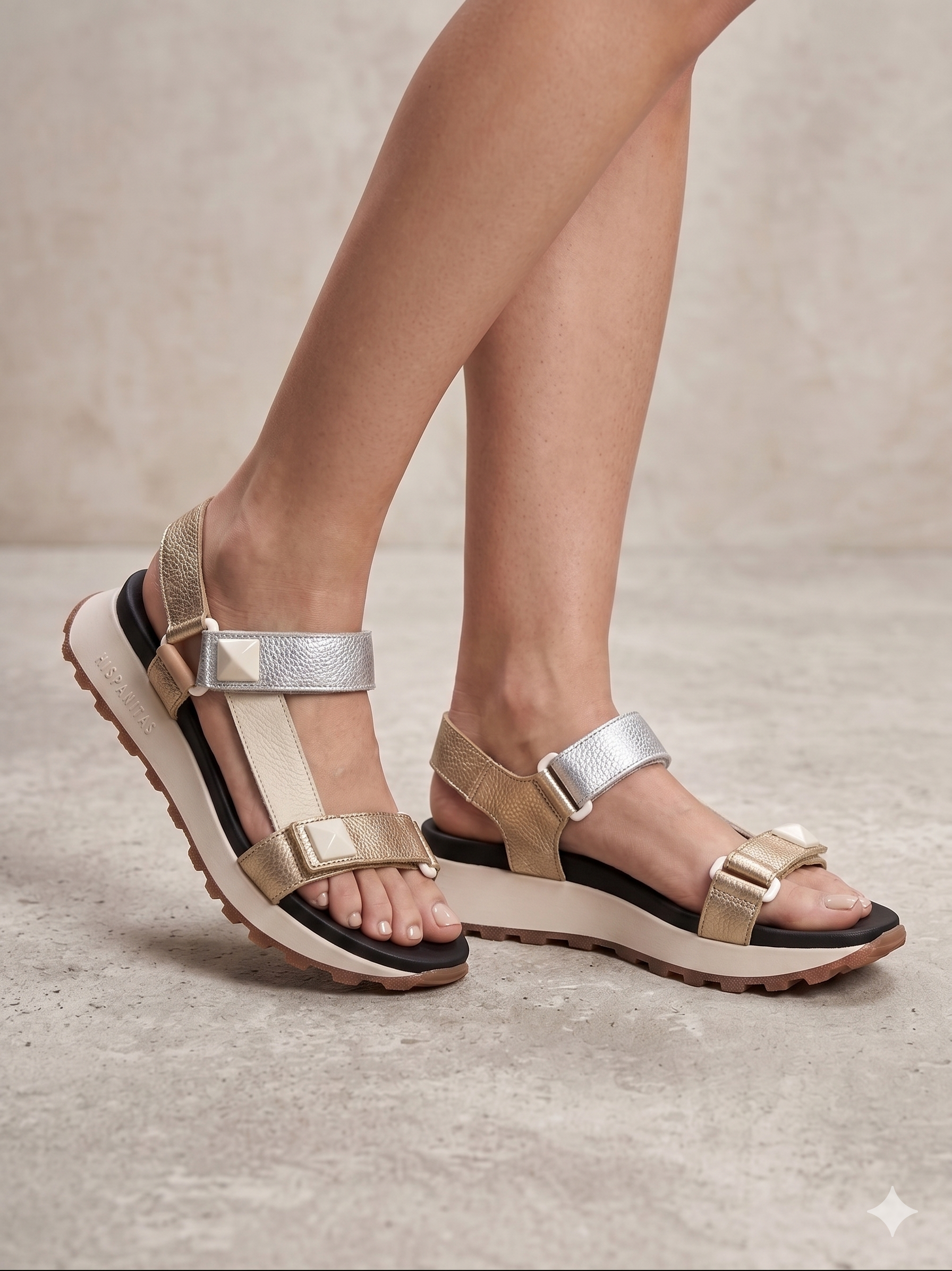 Sandálias Hispanitas Mulher Multicolor Preto Prata Dourado Branco Bege; Sandálias de Plataforma Estilo Desportivo em Pele; Alças de Velcro Confortáveis e Sola Tratorada