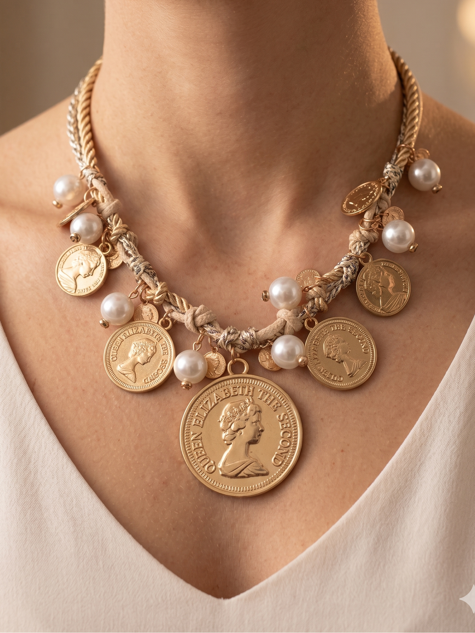 Colar Gargantilha de Cordão Bege com Medalhas de Moedas Douradas e Pérolas, Fio de Corrente Trançado com Pendentes Queen Elizabeth, Bijuteria de Estilo Vintage e Boho para Senhora.