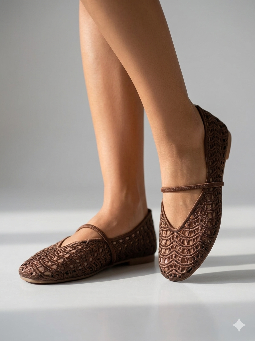 Sapatilhas de senhora em crochê castanho Ideal Shoes, sabrinas rasas confortáveis com tira, sapatos casuais de verão respiráveis, novos e elegantes.
