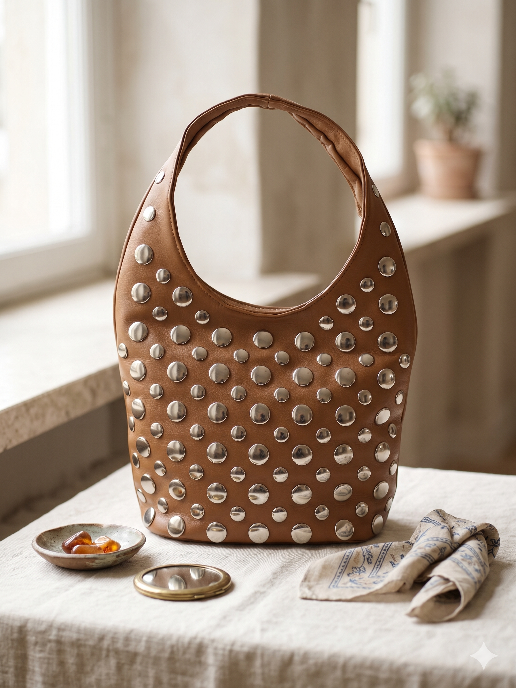 Mala de Ombro Feminina Xti Marrom em Pele Sintética com Tachas Prateadas, Bolsa Hobo Elegante com Bolso Exterior e Fecho de Correr, Acessório Casual de Moda Original para Mulher