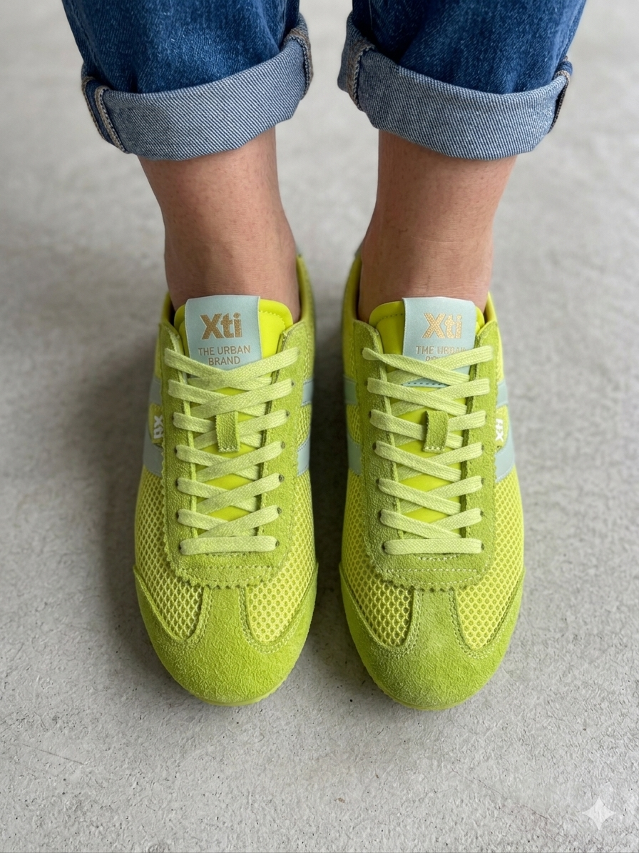 Ténis Femininos Xti em Verde neon; Sapatilhas Desportivas Urbanas em Malha e Camurça; Calçado Casual Confortável com Detalhes Dourados e Design Moderno