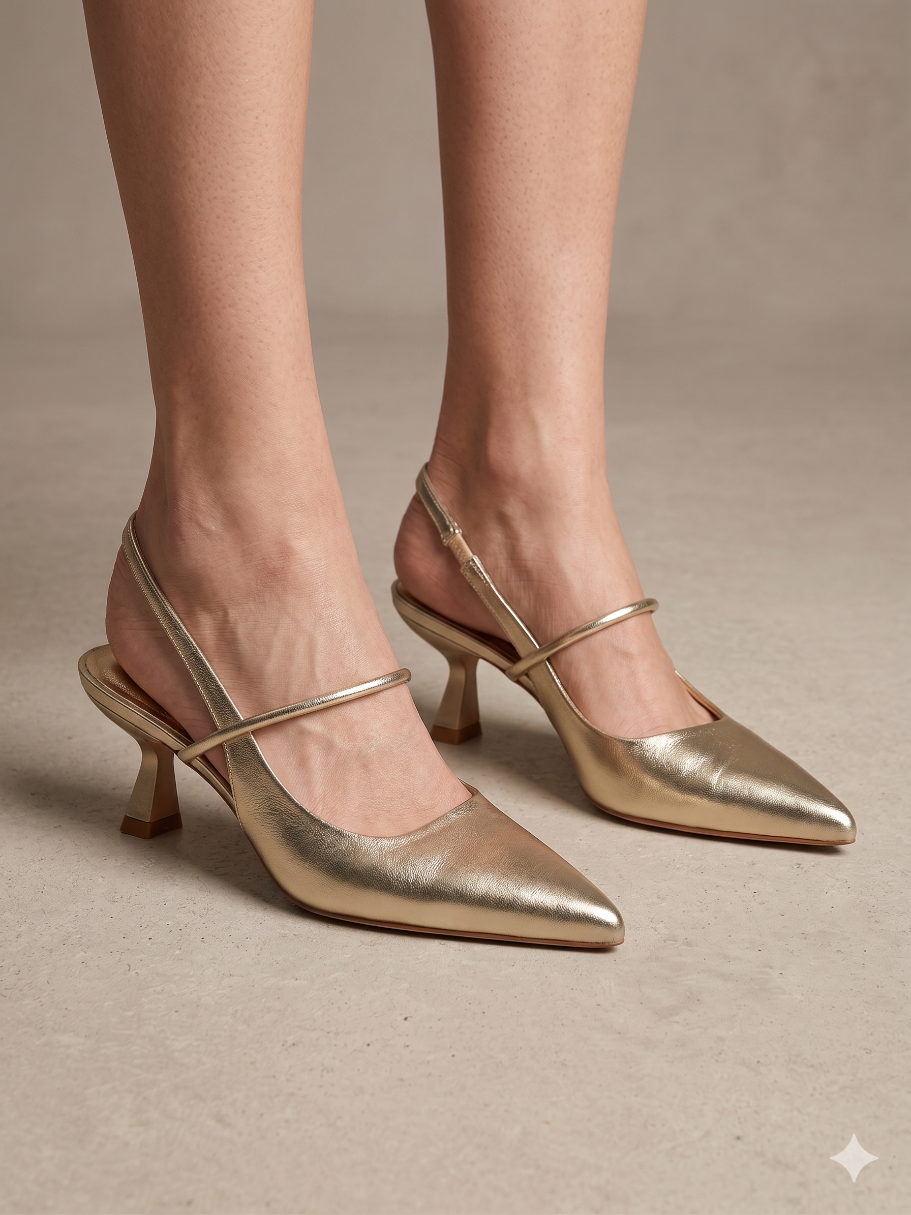 Sapato de salto médio agulha tipo slingback dourado Buonarotti, sandália elegante bico fino para festas e cerimónias, calçado feminino social clássico confortável.