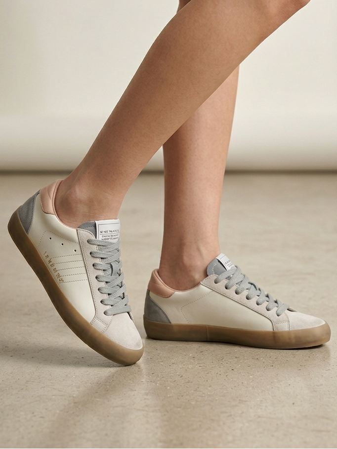 Sapatilhas Corina Femininas de Pele e Camurça cinza; Ténis Casuais Confortáveis Estilo Urbano Retro Azul e Rosa; Sapatos de Desporto Brancos com Sola de Borracha Camelo