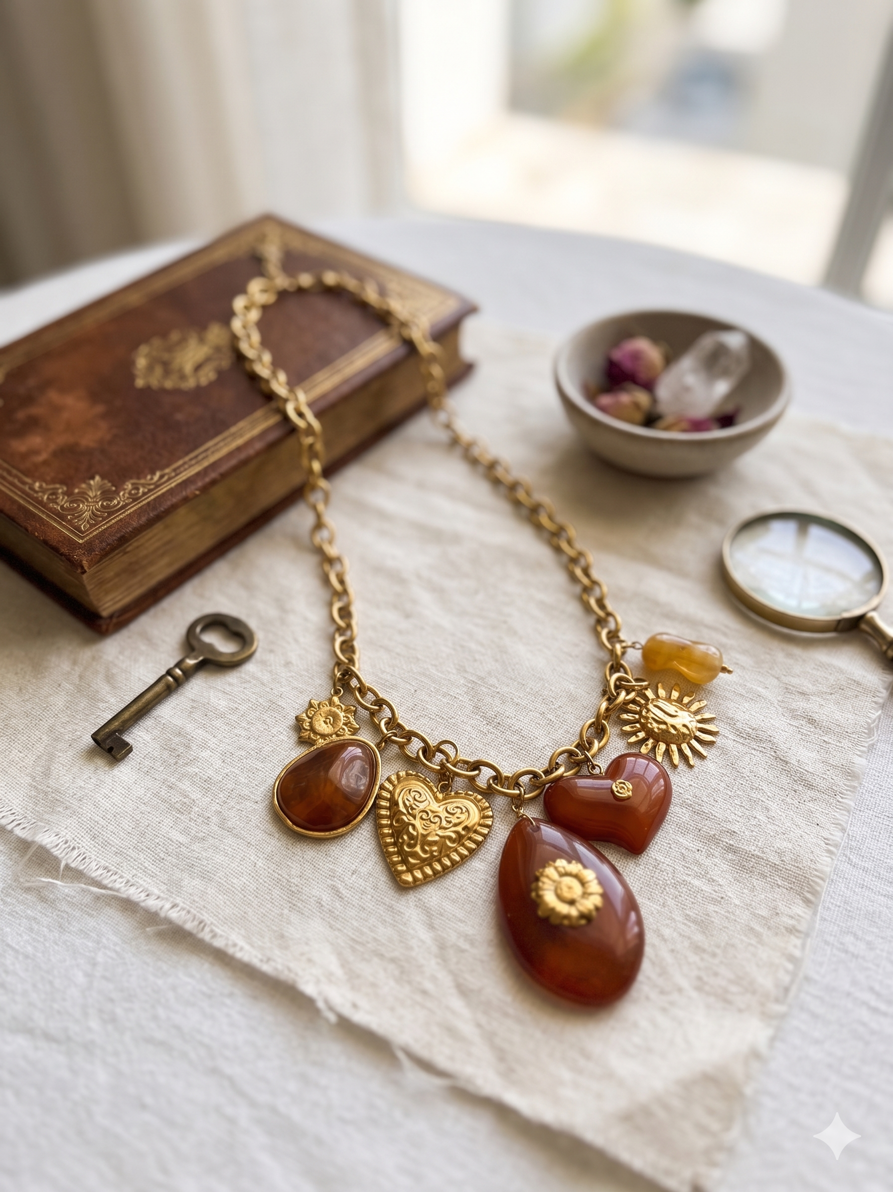 Colar de corrente dourada com pendentes boho chic; colar feminino com corações, sol e pedras âmbar; bijuteria elegante para festa e verão