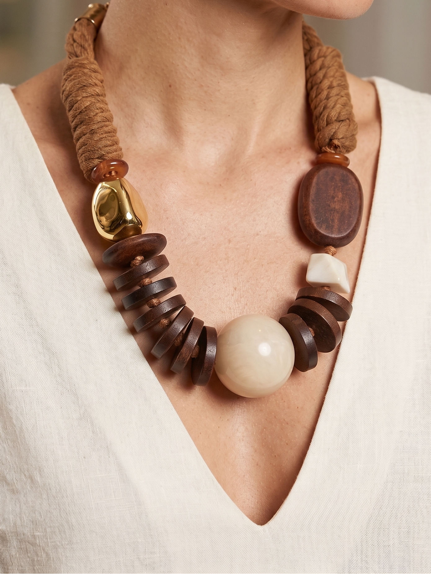 Colar artesanal de corda castanha e peças geométricas de madeira, bijuteria étnica boémia com esfera bege e detalhe dourado.