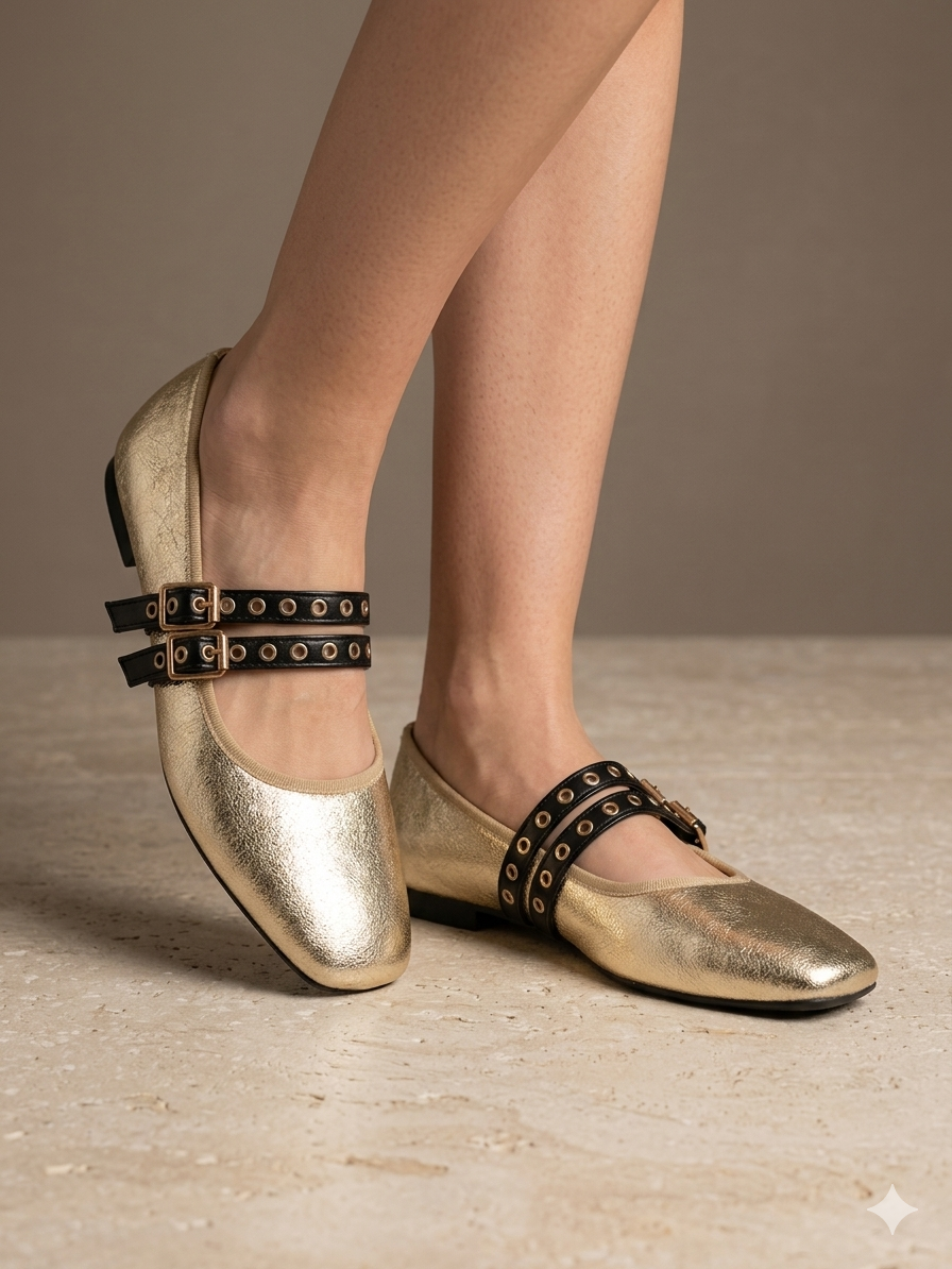 Sapatos Mary Jane Dourados Metalizados Joa com Tiras Duplas Pretas e Fivela; Sabrinas Elegantes de Ponta Quadrada para Senhora.