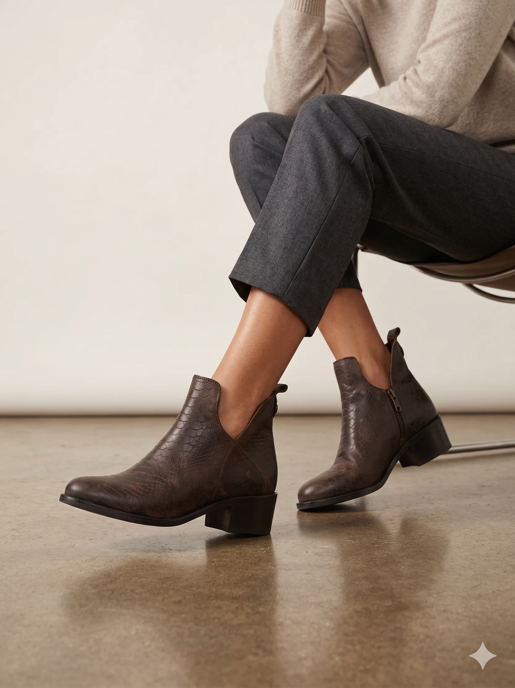 Botins Femininos Macadi em Pele com Padrão Cobra Castanho, Botas de Cano Curto com Recorte em V e Fecho, Salto Bloco Baixo Confortável e Moderno