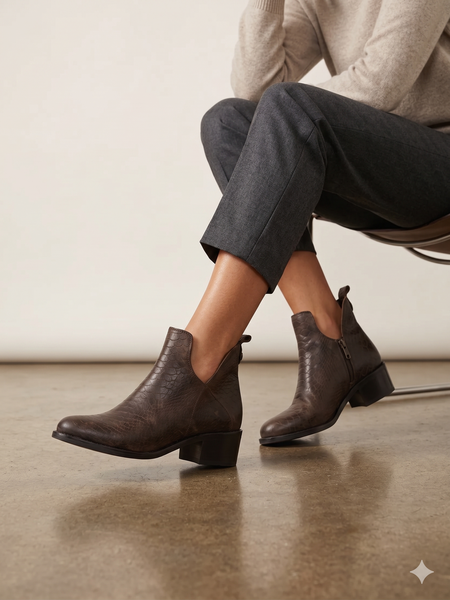 Botins Femininos Macadi em Pele com Padrão Cobra Castanho, Botas de Cano Curto com Recorte em V e Fecho, Salto Bloco Baixo Confortável e Moderno