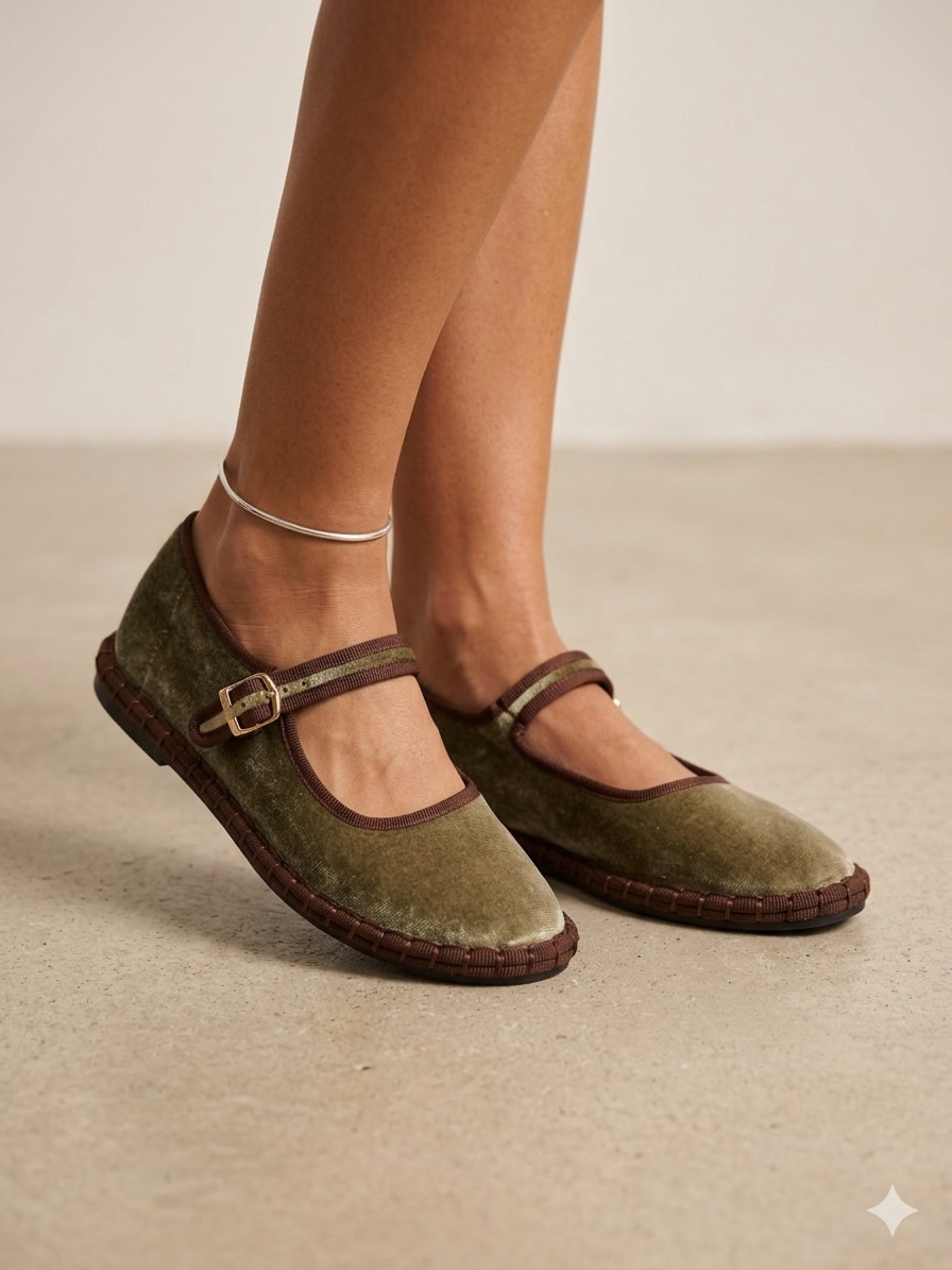 Sapatos Buonarotti Mary Jane Femininos em Veludo Verde Tropa; Sabrinas Confortáveis com Tira de Fivela e Sola Costurada Castanha; Calçado Feminino Estilo Retro Casual e Elegante