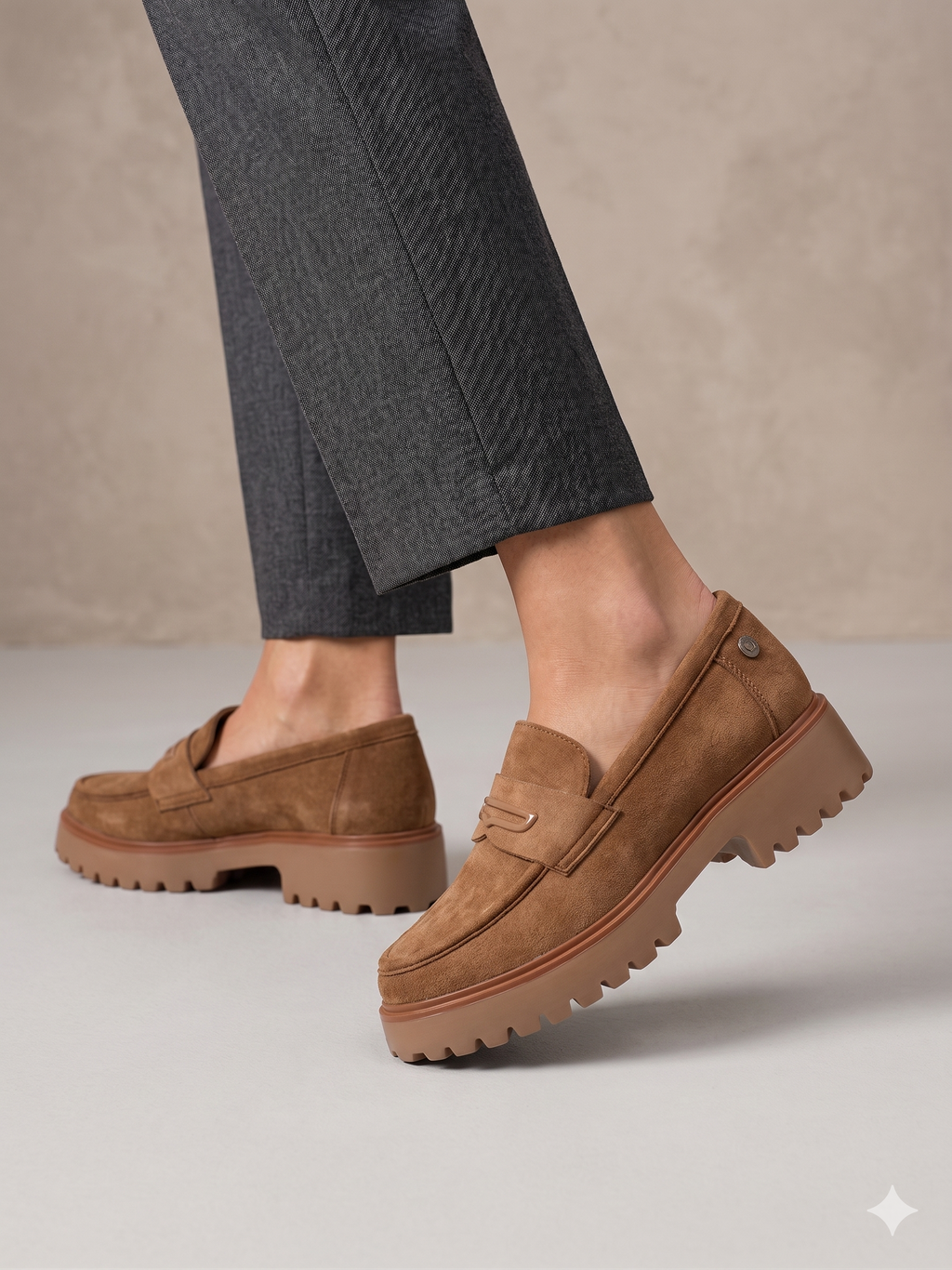 Sapato Mocassim Feminino Refresh em Camurça Camel; Loafers Marrom com Sola Tratorada Confortável; Calçado Casual Elegante Moda Outono Inverno Portugal