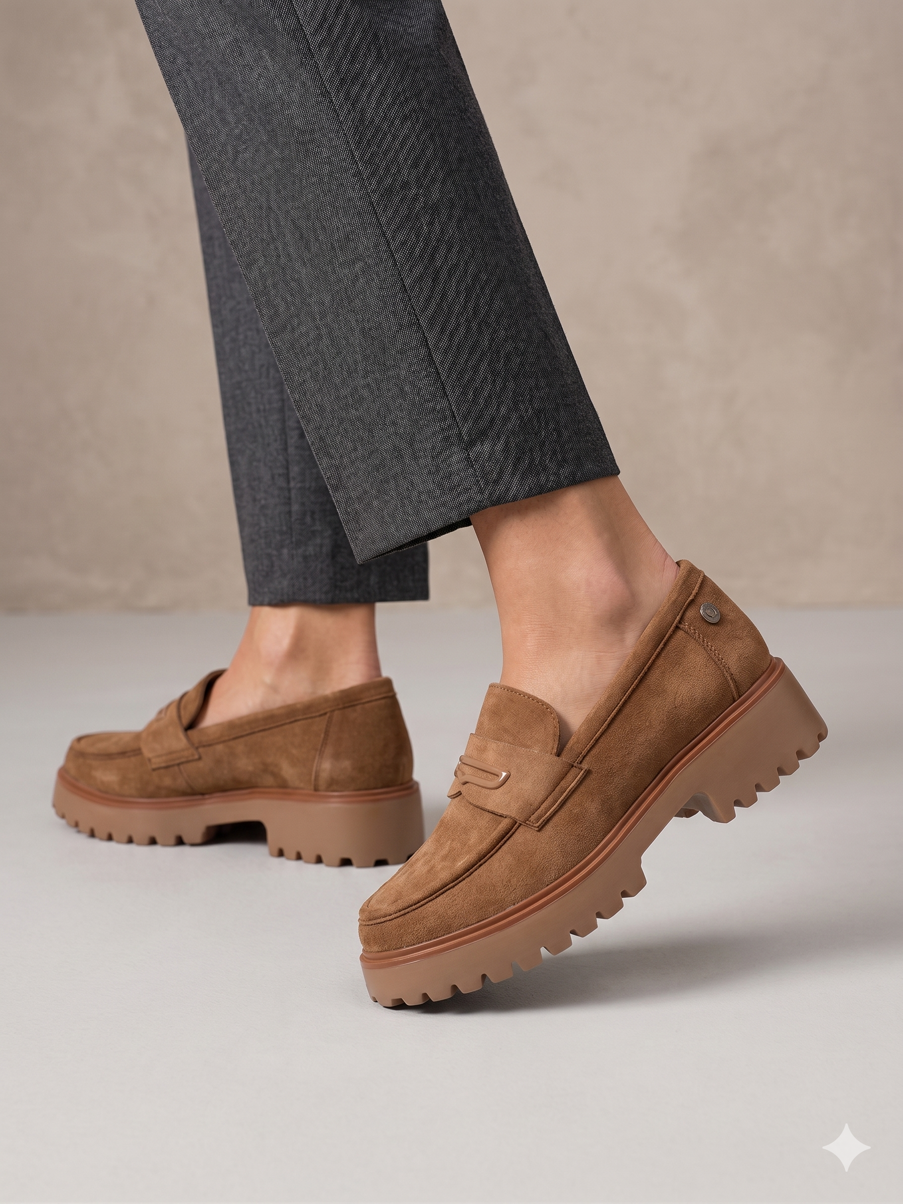 Sapato Mocassim Feminino Refresh em Camurça Camel; Loafers Marrom com Sola Tratorada Confortável; Calçado Casual Elegante Moda Outono Inverno Portugal