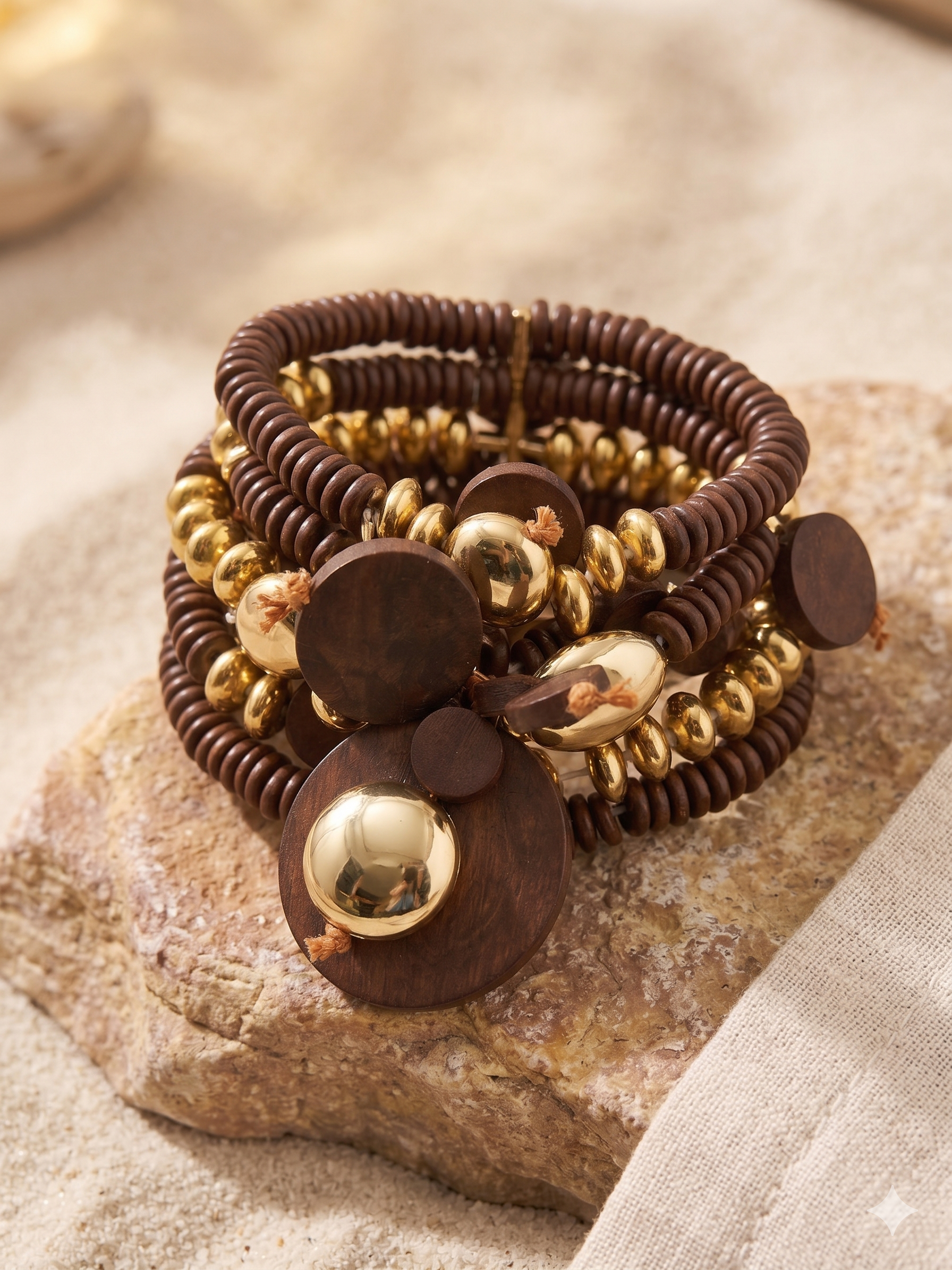 Conjunto de Pulseiras Elásticas Femininas em Madeira e Contas Douradas, Pulseira Multicamada Estilo Boho e Étnico, Acessório de Moda Artesanal para Senhora.