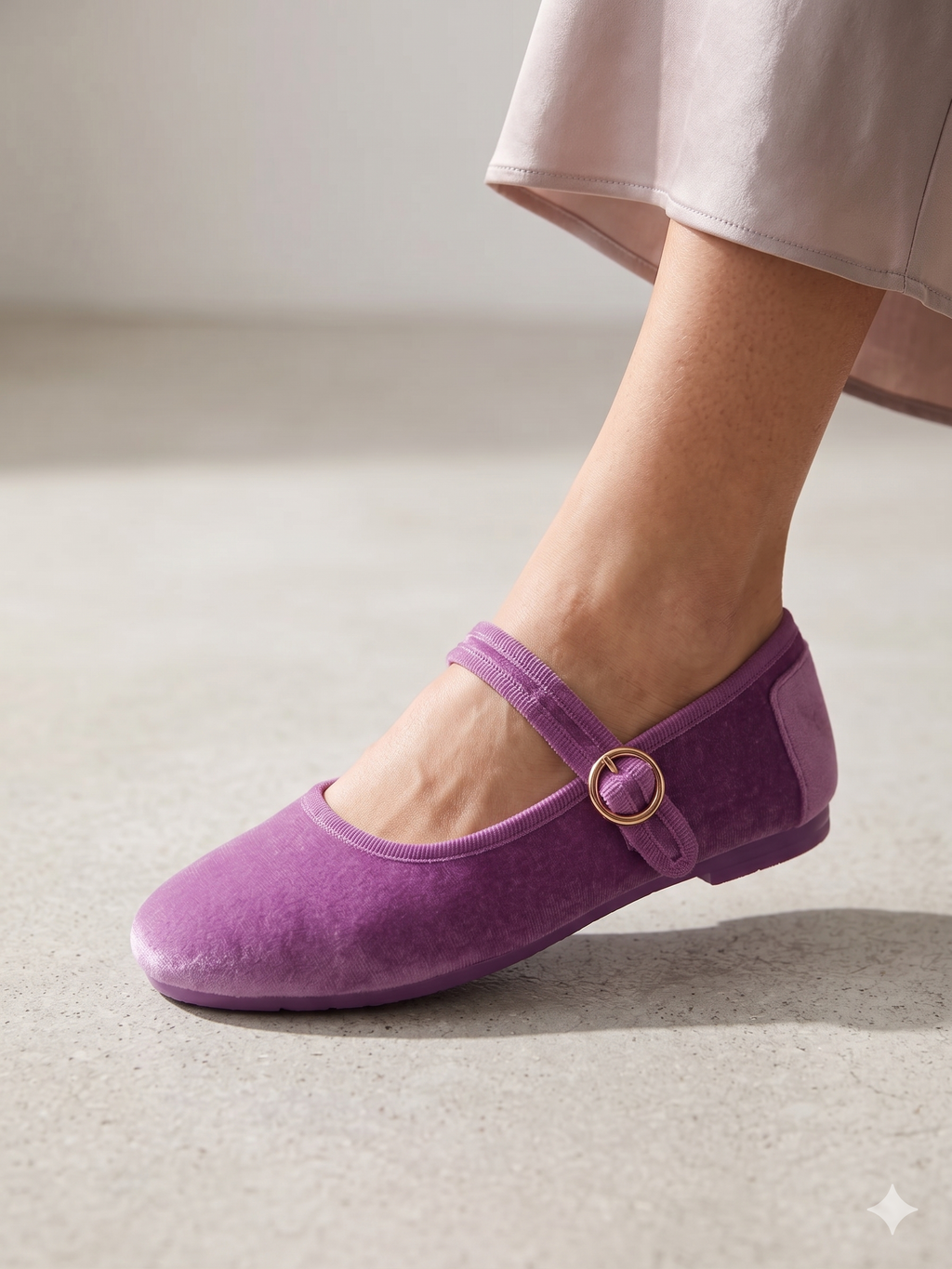Sapatos Mary Jane Femininos Paez em Veludo Roxo; Sabrinas com Tira e Fivela Dourada Ajustável; Calçado Confortável e Elegante para Cerimónia ou Uso Diário; Sapatilhas Rasas Modernas em Tecido Macio