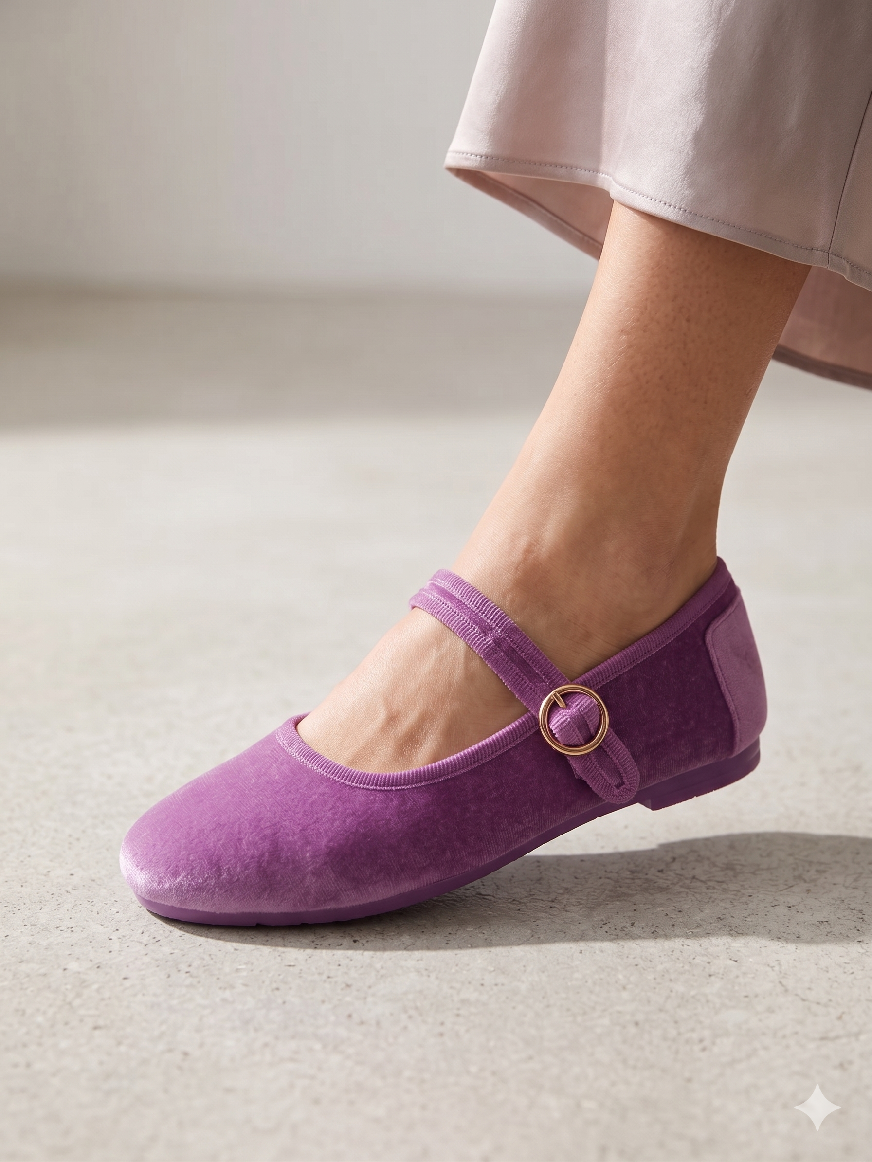 Sapatos Mary Jane Femininos Paez em Veludo Roxo; Sabrinas com Tira e Fivela Dourada Ajustável; Calçado Confortável e Elegante para Cerimónia ou Uso Diário; Sapatilhas Rasas Modernas em Tecido Macio