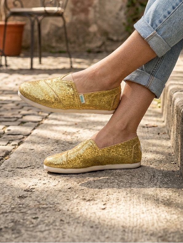 Alpargatas Paez Femininas Douradas com Glitter Brilhante; Sapatos Casuais de Verão Estilo Slip On Confortáveis; Calçado de Moda para Festa e Eventos Sociais