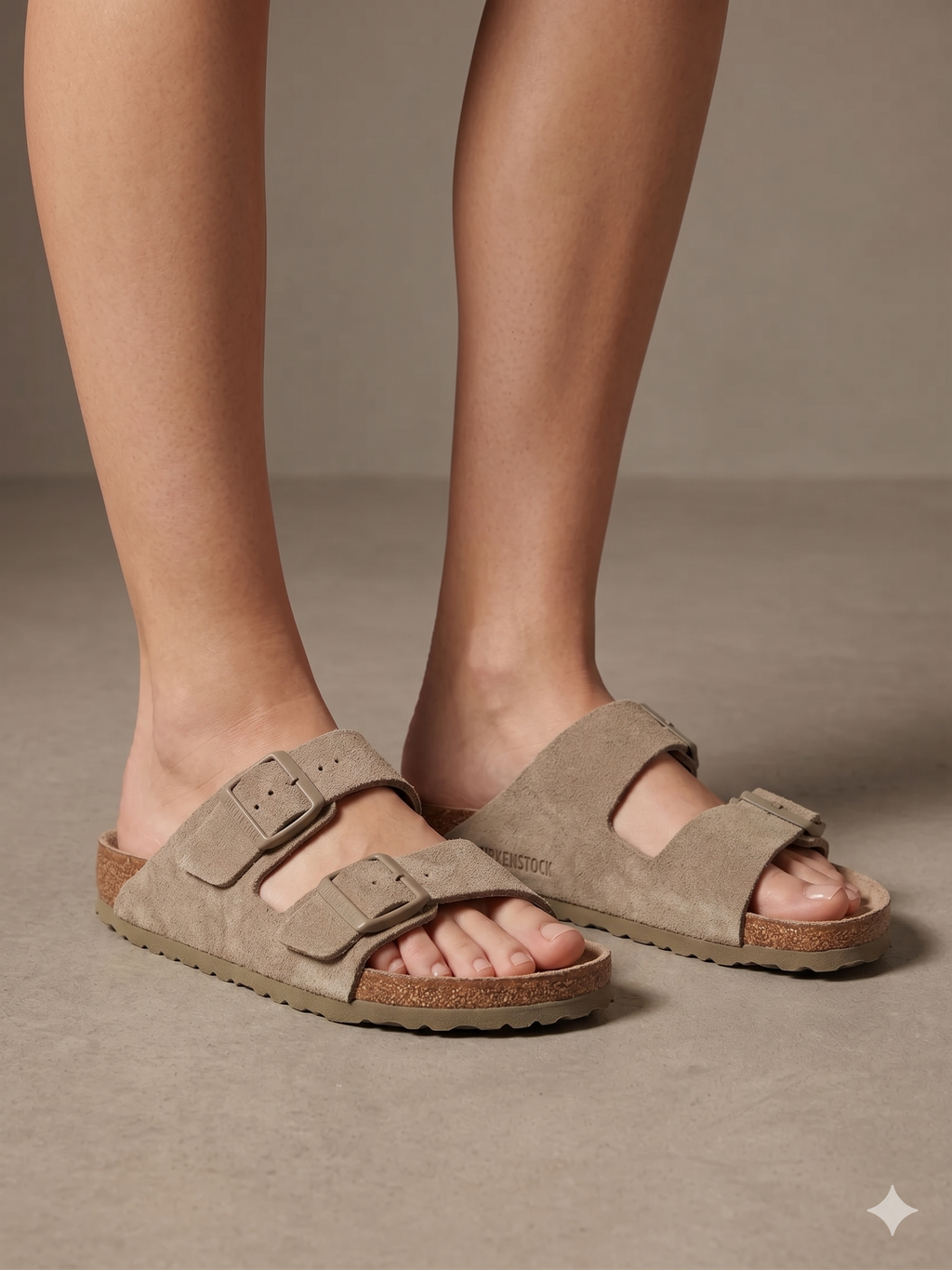 Sandálias Birkenstock Arizona BS Faded khaki verde cinza Camurça com Duas Fivelas cinza Ajustáveis e Sola de Cortiça Ergonómica Confortável para Mulher e Homem