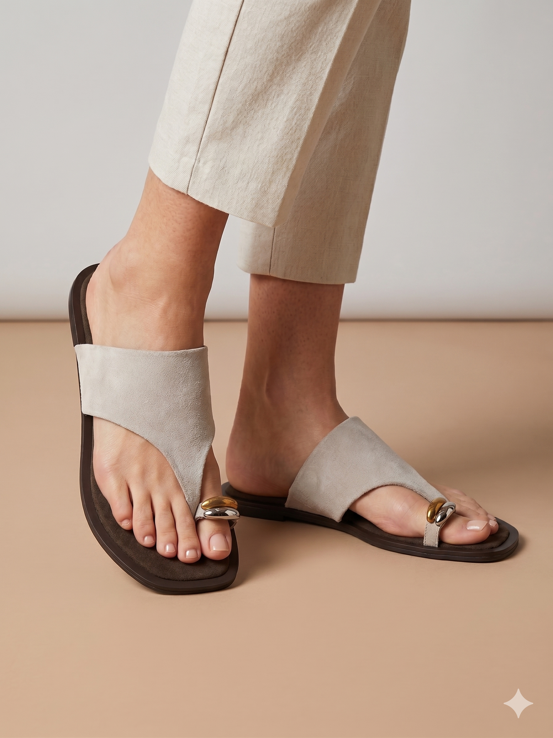 Sandálias Rasas Femininas Corina em Camurça Taupe; Chinelo de Dedo Elegante com Detalhe Metalizado; Calçado de Verão Confortável e Moderno