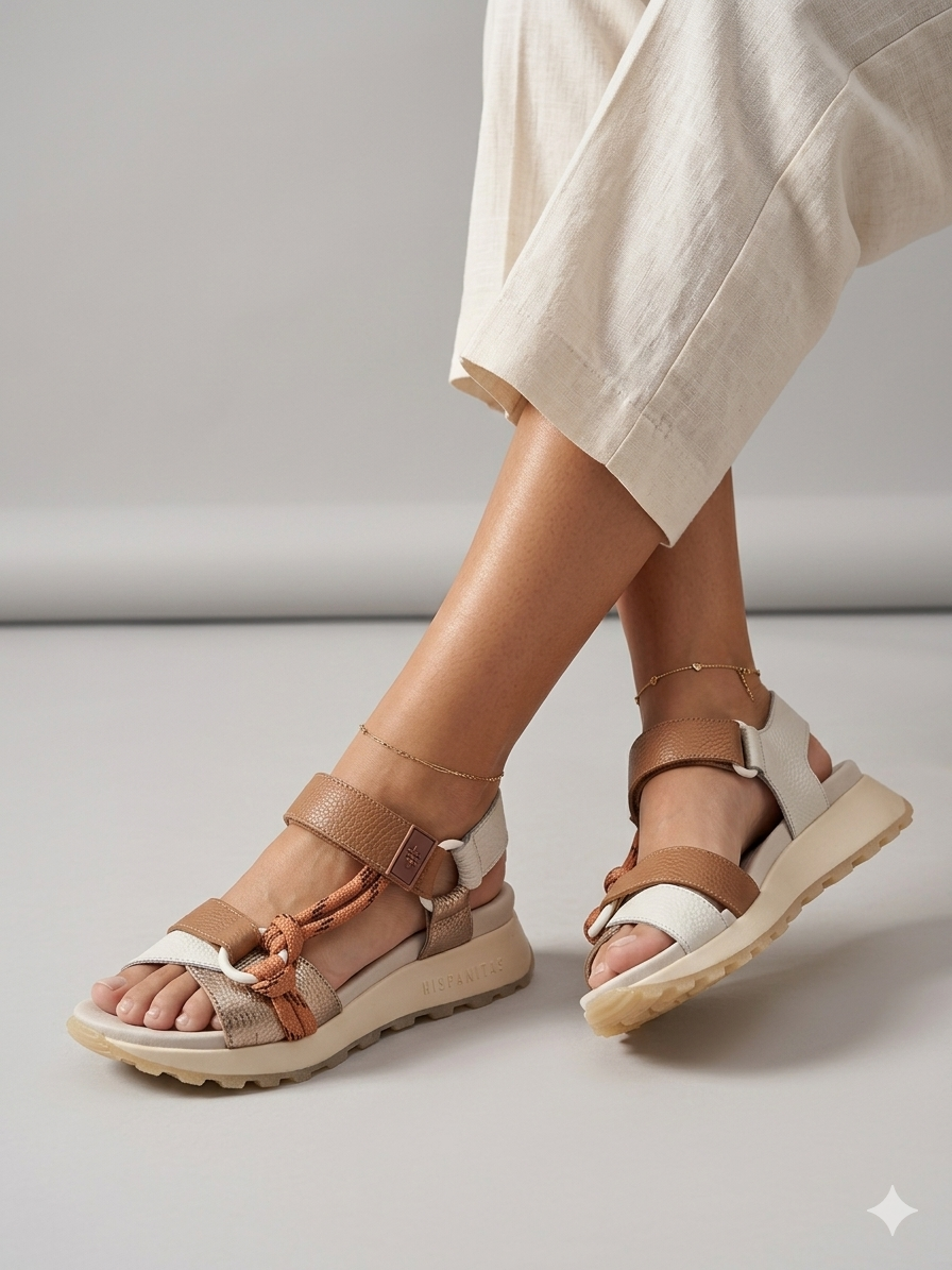Sandálias Hispanitas Senhora Couro Branco e Castanho Com Plataforma, Sandália Desportiva Ergonómica de Cunha Confortável Casual Com Corda e Fivela, Calçado Moda Feminina Verão
