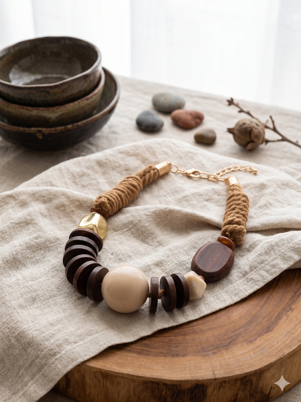Colar artesanal de corda castanha e peças geométricas de madeira, bijuteria étnica boémia com esfera bege e detalhe dourado.