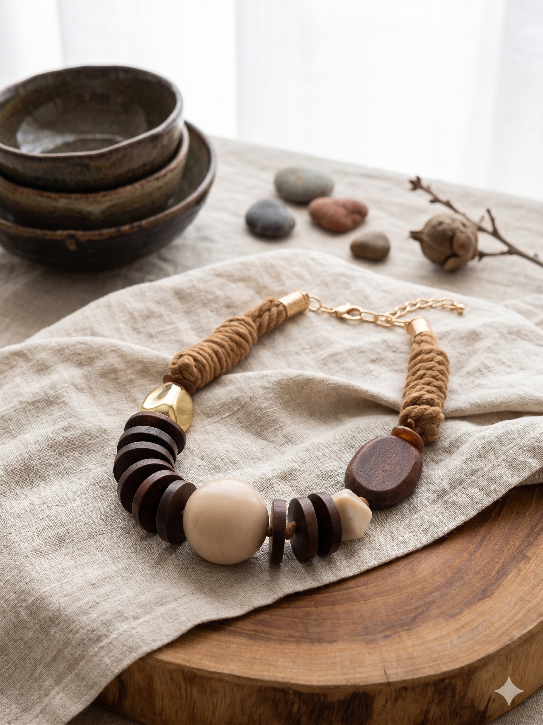 Colar artesanal de corda castanha e peças geométricas de madeira, bijuteria étnica boémia com esfera bege e detalhe dourado.