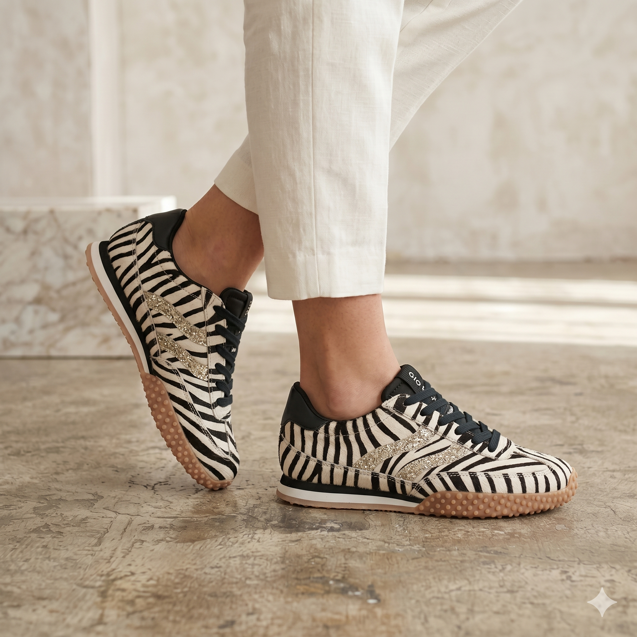 Ténis Femininos Gioseppo Estilo Sapatilhas com Padrão Zebra e Detalhes Rose Gold, Sola de Goma Antiderrapante, Calçado Casual Confortável e Moderno