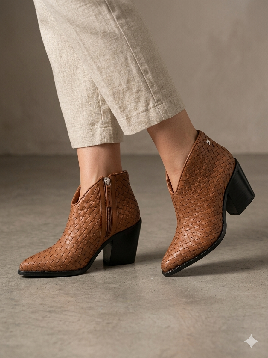 Botins Femininos Gioseppo em Pele Caramelo Estilo Western, Ankle Boot com Salto Bloco Confortável e Bico Fino, Botas de Cano Curto Premium com Fecho Lateral