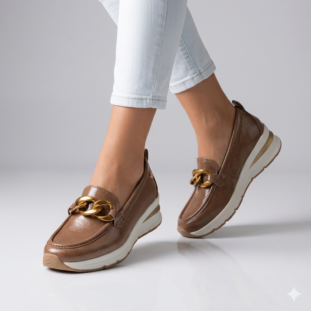 Mocassim Femininos Xti em Pele Envernizada Castanha com Corrente Dourada, Sapatos Loafers com Sola Desportiva Confortável, Estilo Casual Elegante