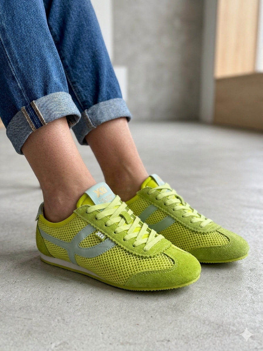 Ténis Femininos Xti em Verde neon; Sapatilhas Desportivas Urbanas em Malha e Camurça; Calçado Casual Confortável com Detalhes Dourados e Design Moderno