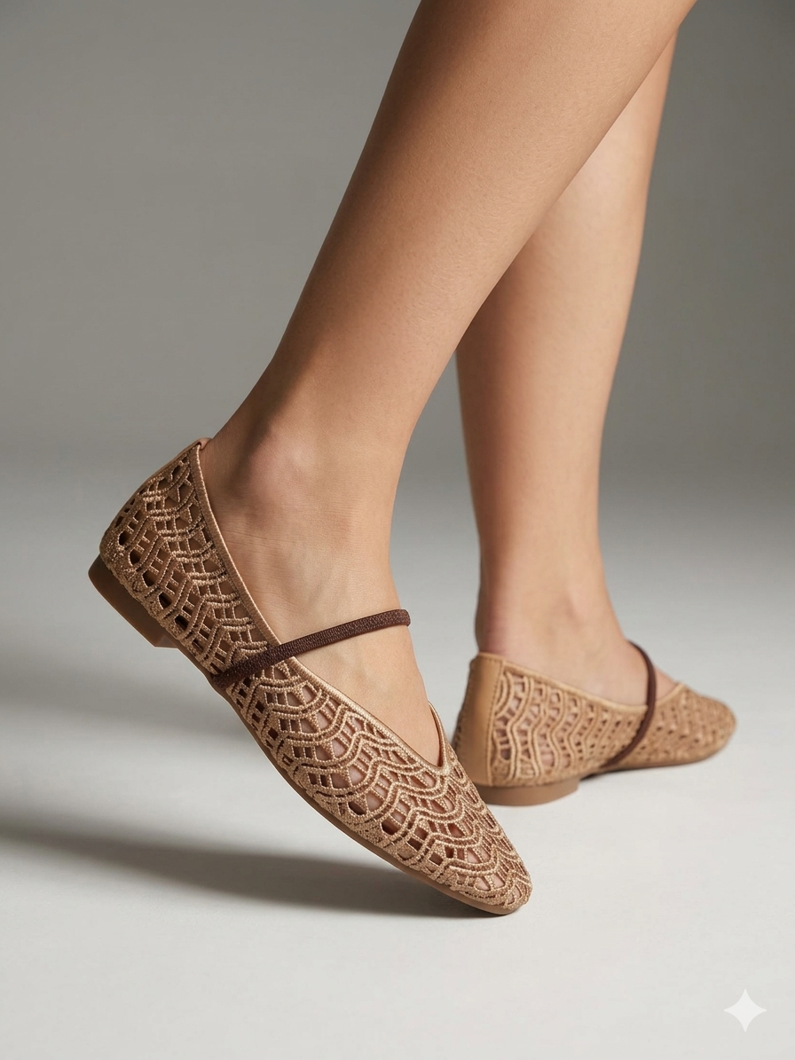 Sapatilhas de senhora em crochê camel Ideal Shoes, sabrinas rasas confortáveis com tira, sapatos casuais de verão respiráveis, novos e elegantes.