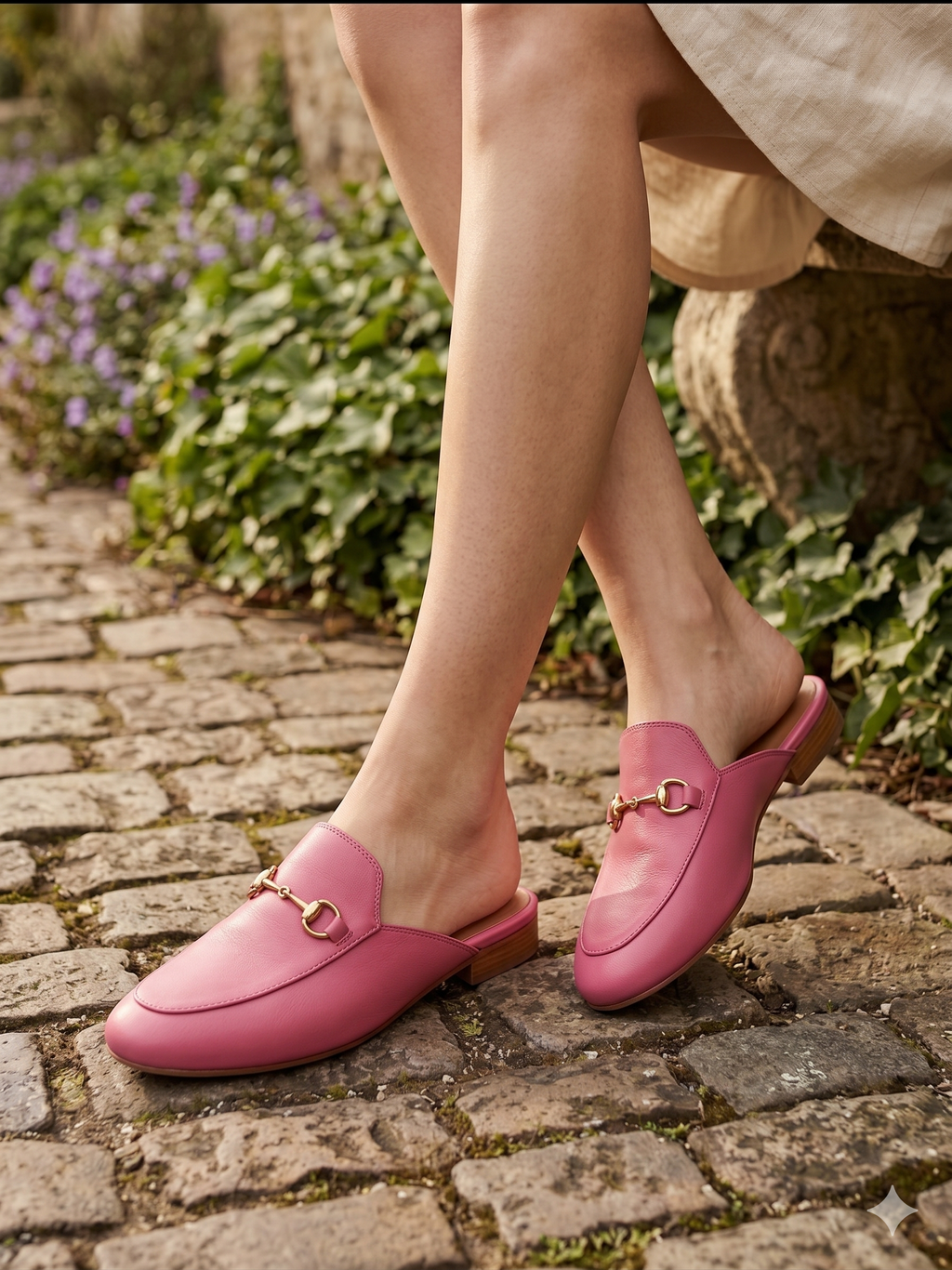 Mule Feminina em Pele Rosa com Fivela Dourada Macadi; Sapato Casual Elegante; Fabricado em Portugal