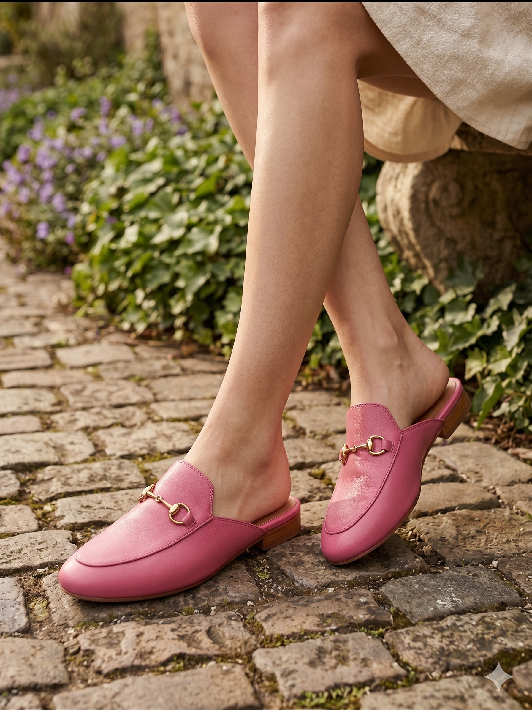 Mule Feminina em Pele Rosa com Fivela Dourada Macadi; Sapato Casual Elegante; Fabricado em Portugal