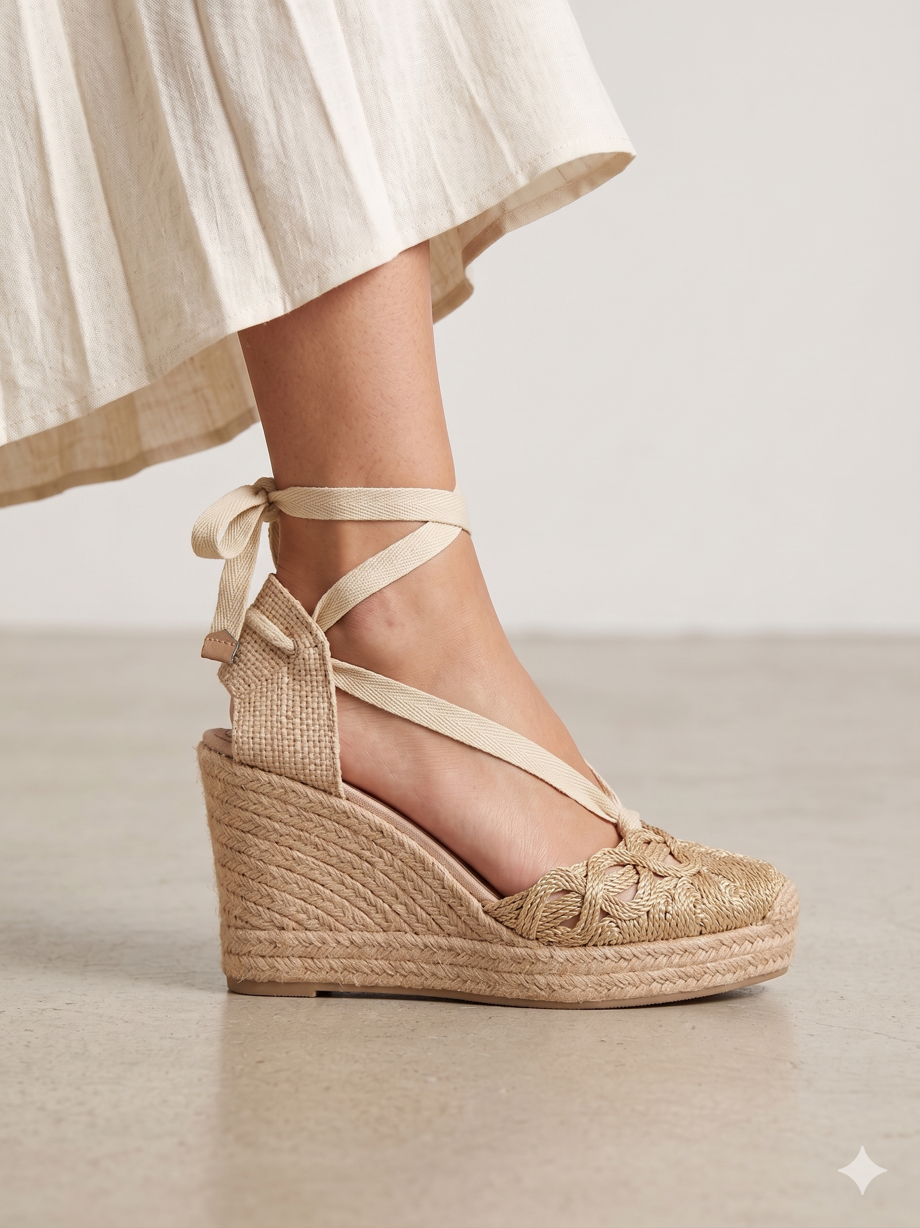 Sandálias Salto de Corda Corina Alpargatas Cunha Femininas Corina Dourada com Tiras para Amarar no Tornozelo; Sapatos de Verão Estilo Boho Chic e Elegante