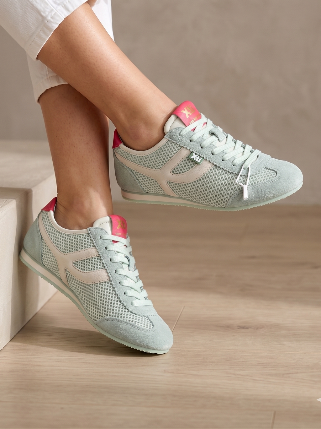 Sapatilhas Xti Femininas Urban Verde Água e Rosa Acqua; Ténis de Mulher Desportivos em Camurça e Malha Respirável Leve Correr Caminhar Casual