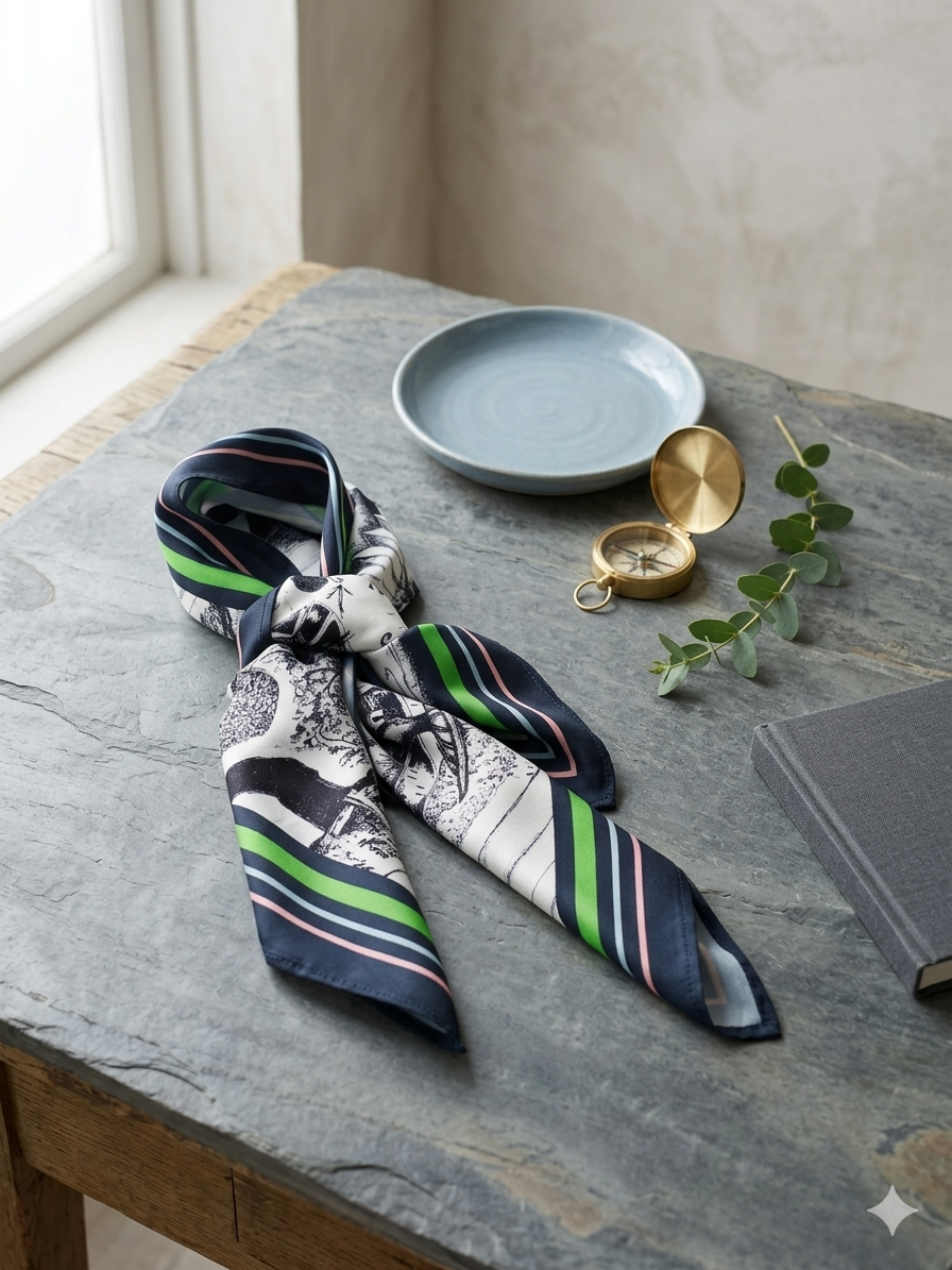 Lenço de Seda Quadrado Feminino Azul marinho e Branco com Bordas Coloridas Verde Azul Rosa ; Echarpe Acetinada com Estampa Ilustrada Vintage; Acessório de Moda Versátil Elegante