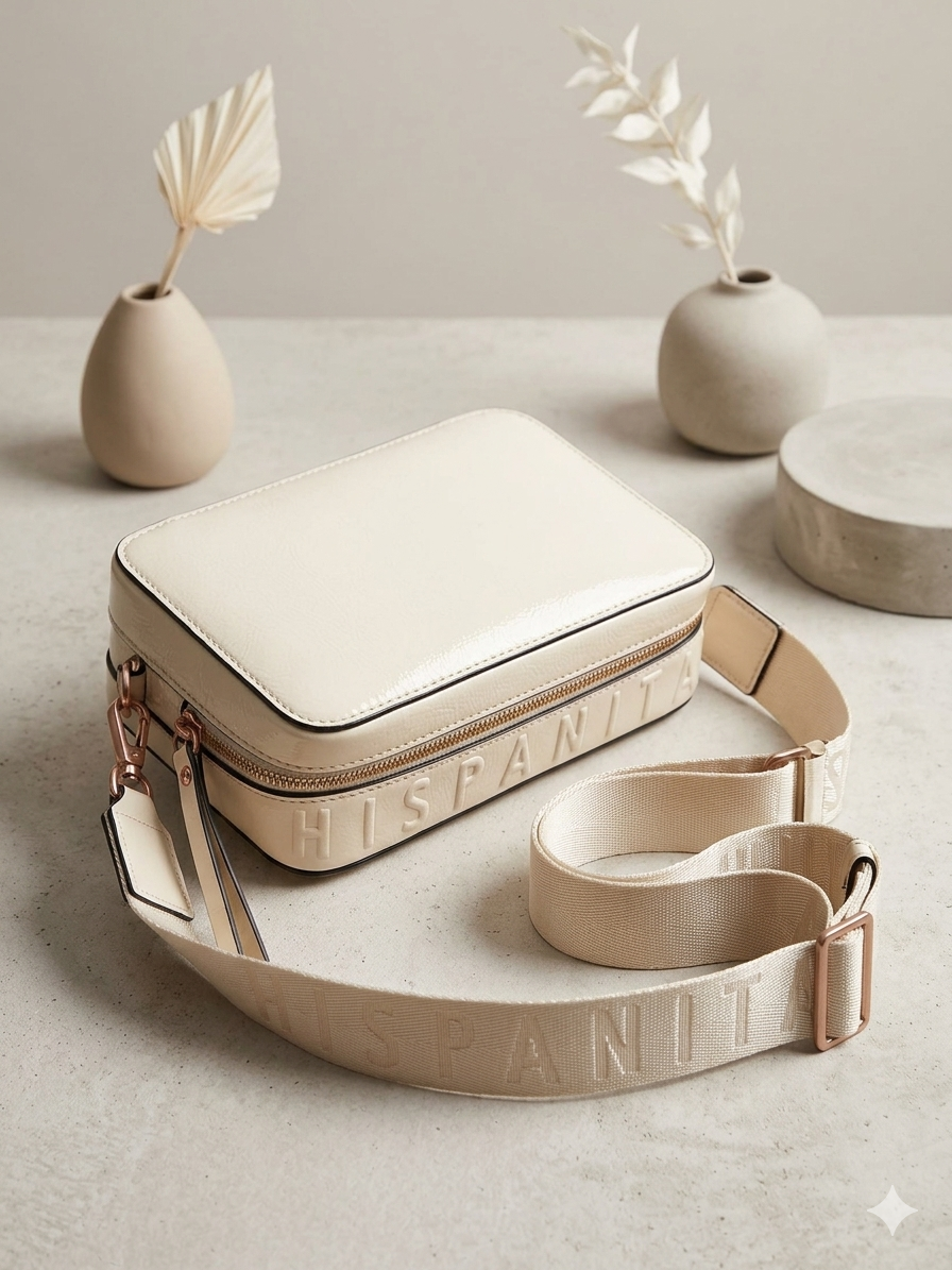 Mala de Tiracolo Feminina Bege Hispanitas com Alça Larga Logotipada, Bolsa de Ombro Retangular em Pele Sintética com Fecho de Correr, Acessório de Moda Elegante e Casual para Senhora