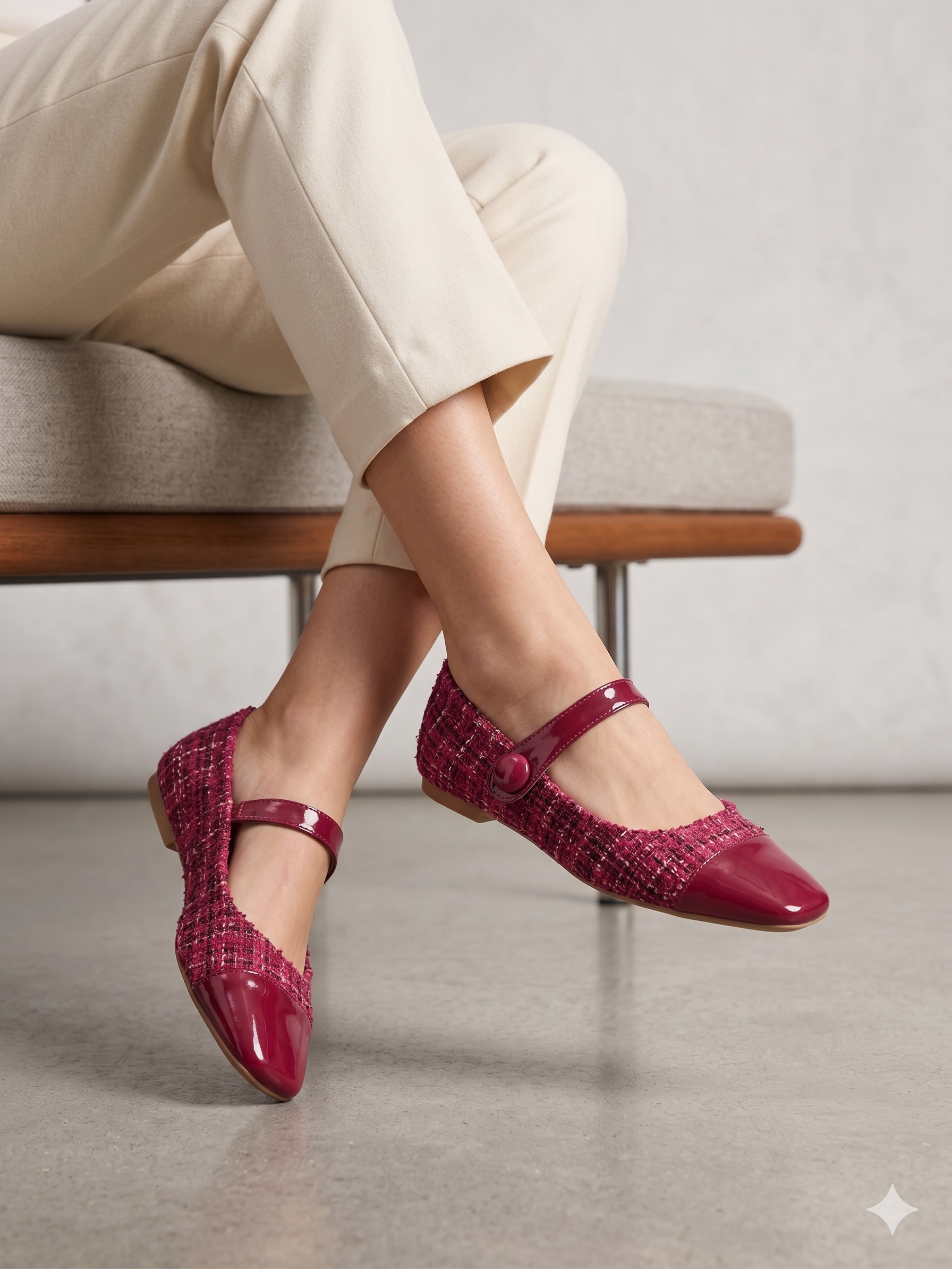Sapatilhas Mary Jane Buonarotti em Tweed Bordeaux; Sabrinas de Bico Quadrado com Detalhe em Verniz; Calçado Elegante e Confortável com Tira Ajustável; Sapatos Rasos Modernos para Outono e Inverno