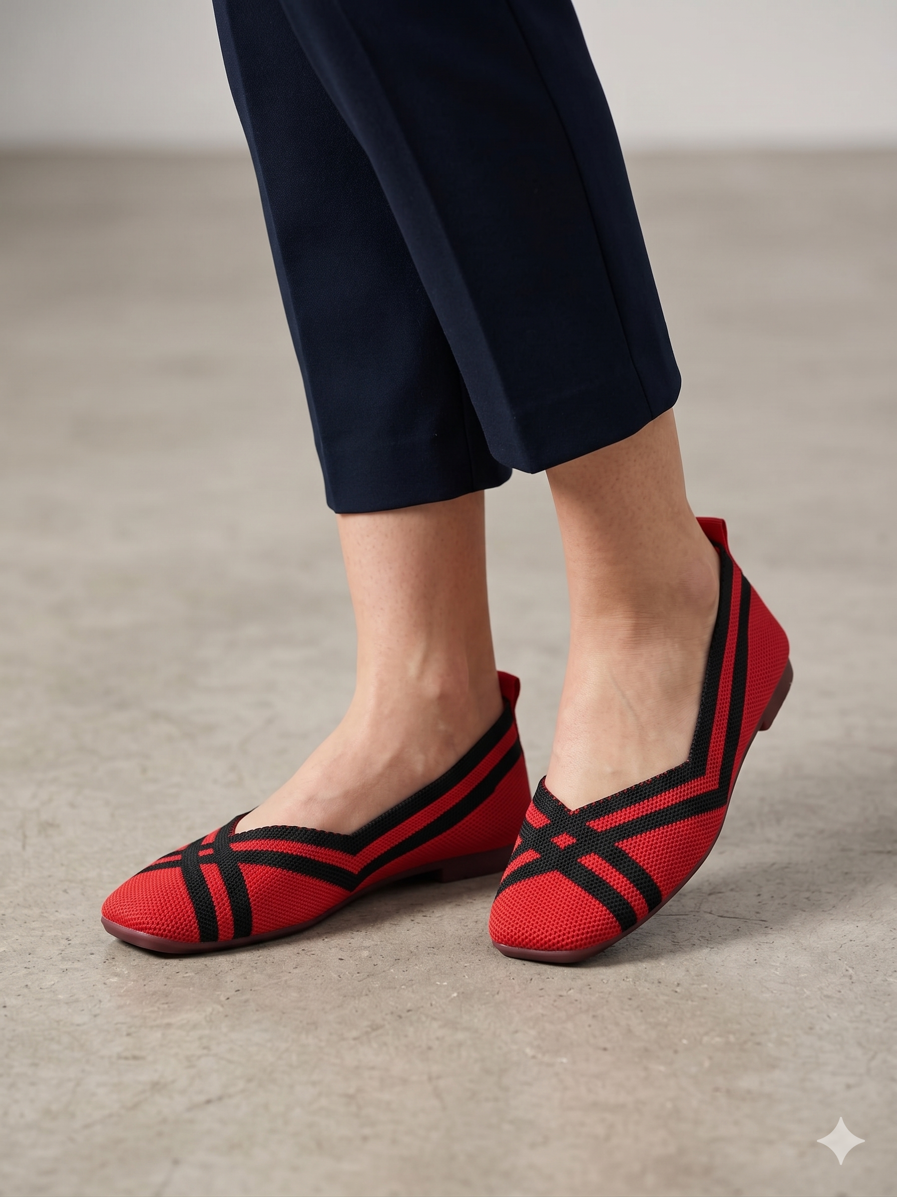 Sabrinas Fashion Malha Listrada Confortáveis de Ponta Quadrada com Sola Flexível; Sapatos Rasos Casuais Elegantes e Leves para Primavera e Verão; Design Moderno Vermelho e Preto.