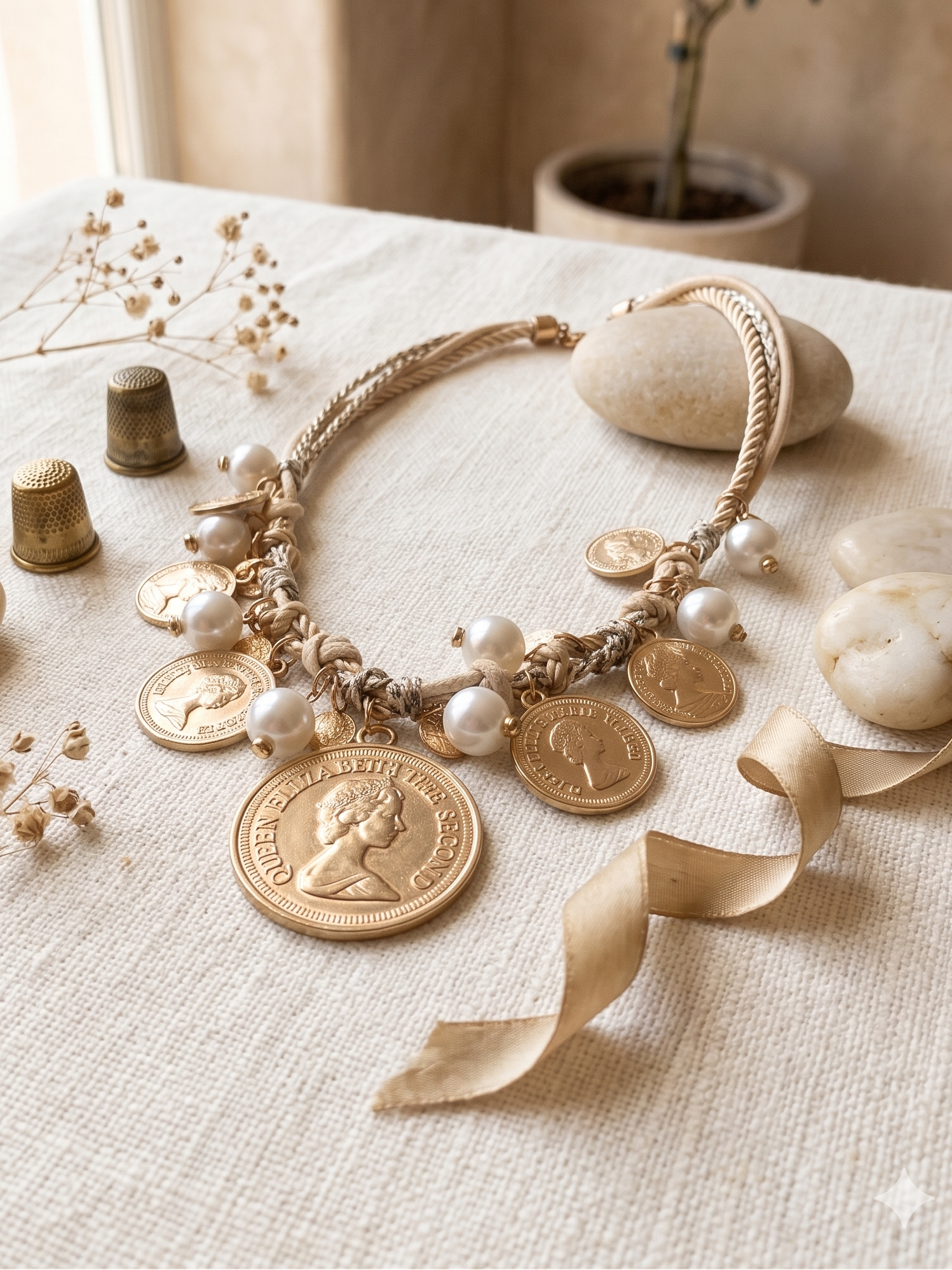Colar Gargantilha de Cordão Bege com Medalhas de Moedas Douradas e Pérolas, Fio de Corrente Trançado com Pendentes Queen Elizabeth, Bijuteria de Estilo Vintage e Boho para Senhora.